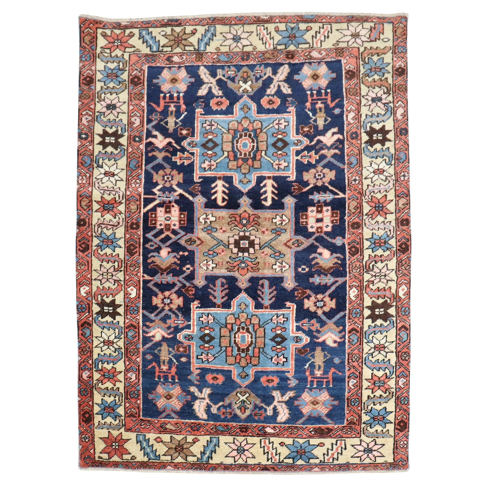 Zabihi Collection Antique Persian Heriz 3'2 x 4'2 Hand-Knotted Wool Rug: Zabihi Collection Antique Persian Heriz 3'2 x 4'2 Hand-Knotted Wool Rug This exquisite small rug from the Zabihi Collection features a classic Persian Heriz design, showcasing intricate patterns in ri