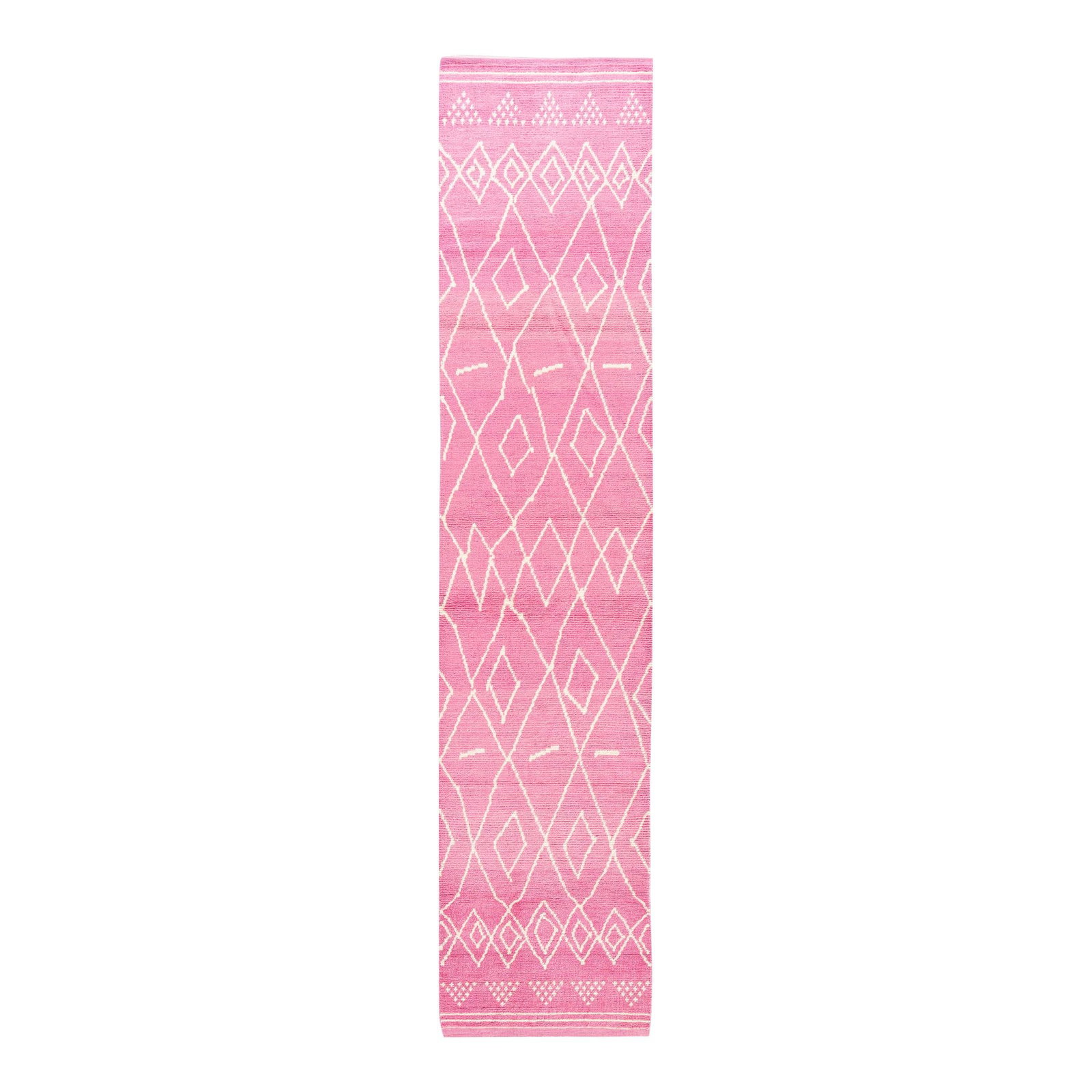 Handmade Pink Tribal Wool Runner Contemporary Moroccan Style 2'10 x 9'9: Handmade Pink Tribal Wool Runner Contemporary Moroccan Style 2'10 x 9'9 Enhance your home with this stunning Contemporary Moroccan Style Runner Rug. Hand-knotted from high-quality wool, this rug featu