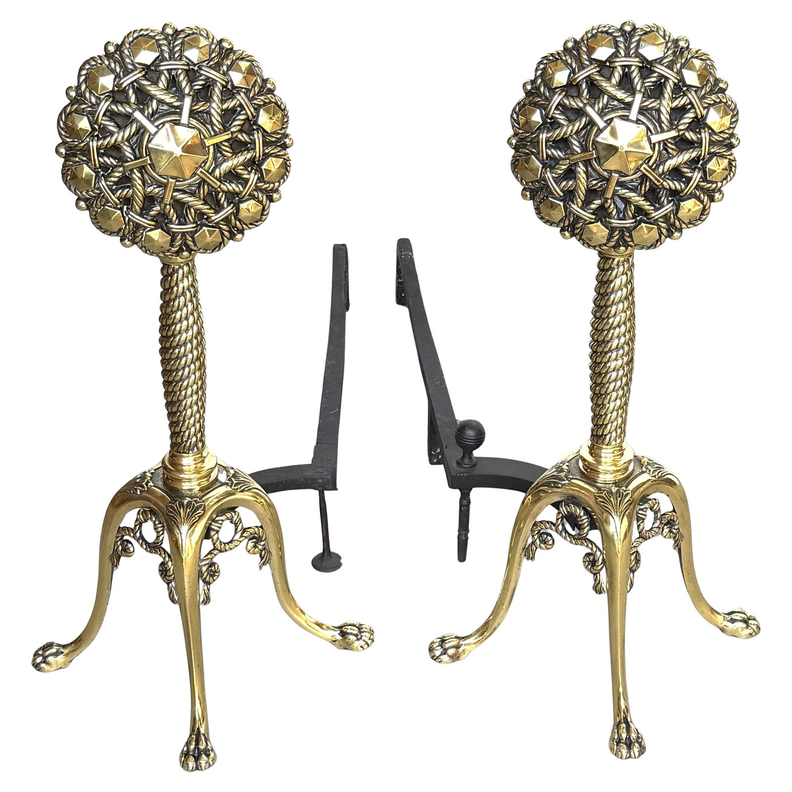Pair of Brass Fireplace Andirons with Nautical Rope Motif Aesthetic Movement: Pair of Brass Fireplace Andirons with Nautical Rope Motif Aesthetic Movement This impressive pair of American Aesthetic Movement andirons, crafted in the late 19th century, features a bold nautical ro