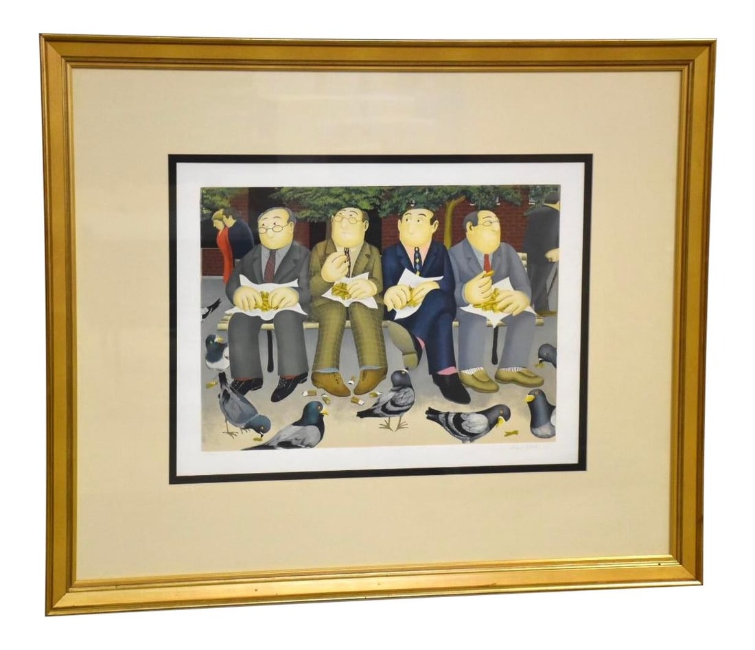 Beryl Cook Signed Lithograph Lunch in the Garden 44x36.5: Beryl Cook Signed Lithograph Lunch in the Garden 44x36.5 This striking hand-signed lithograph titled "Lunch in the Garden" by Beryl Cook captures a vibrant scene with a predominant blue color palette.