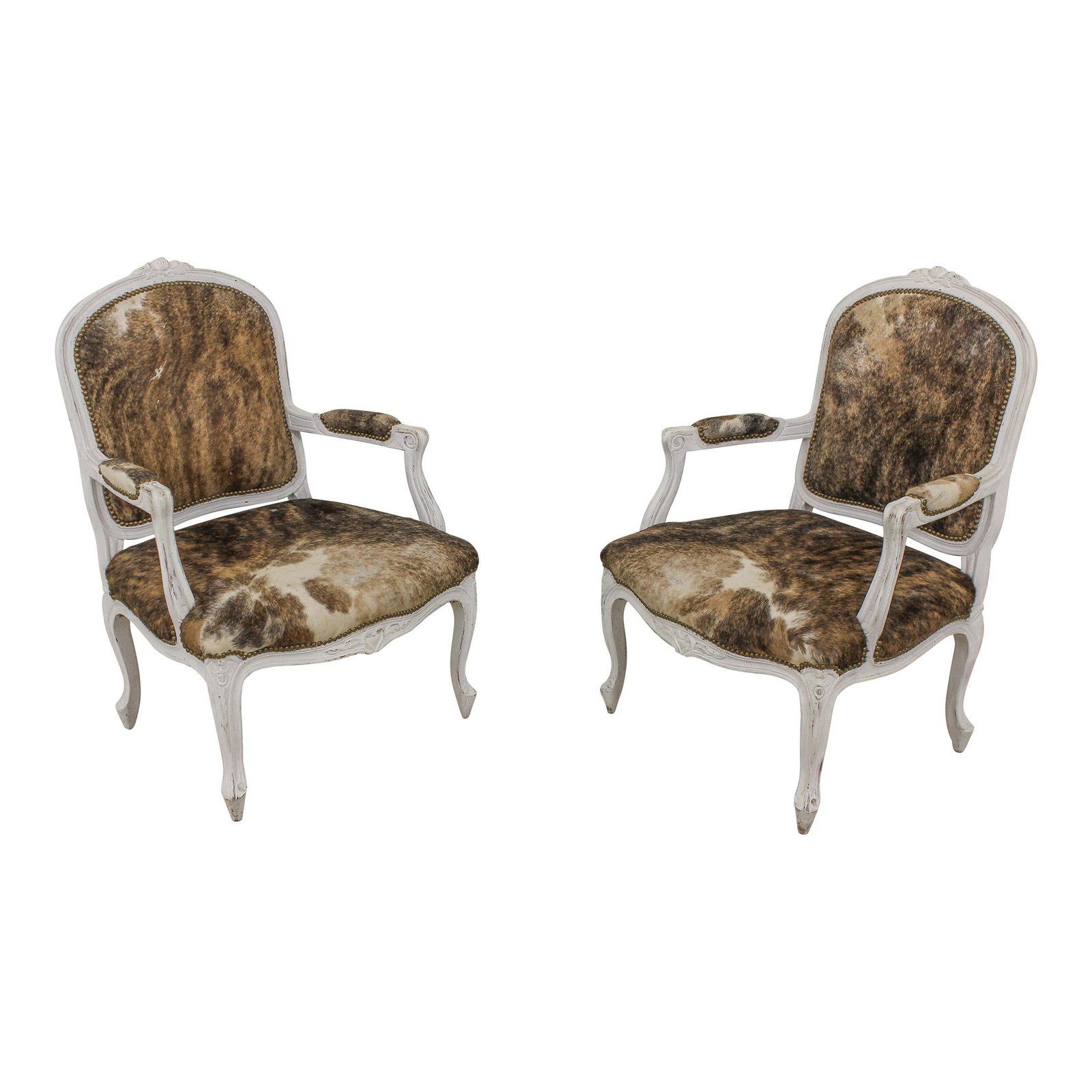 Elegant Pair of Louis XV Style Open Armchairs with Natural Hide Upholstery: Elegant Pair of Louis XV Style Open Armchairs with Natural Hide Upholstery This exquisite pair of French Louis XV style open armchairs features authentic natural animal hide upholstery and a stunning 