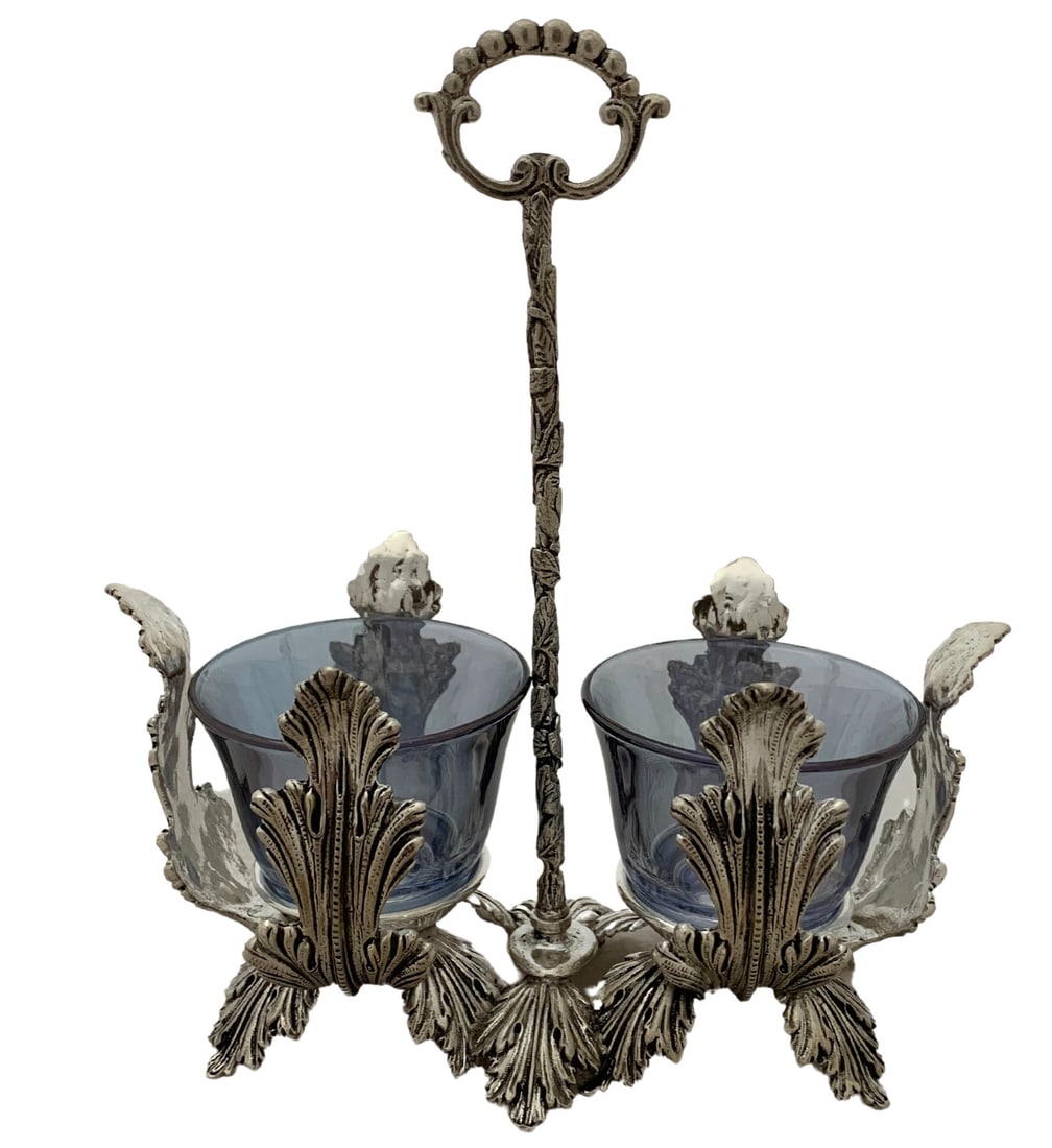 Italian 925 Sterling Silver Double Salt Holder with Blue Crystal Accents: Italian 925 Sterling Silver Double Salt Holder with Blue Crystal Accents This exquisite double salt holder showcases fine Italian craftsmanship, made from 925 sterling silver and adorned with blue cry