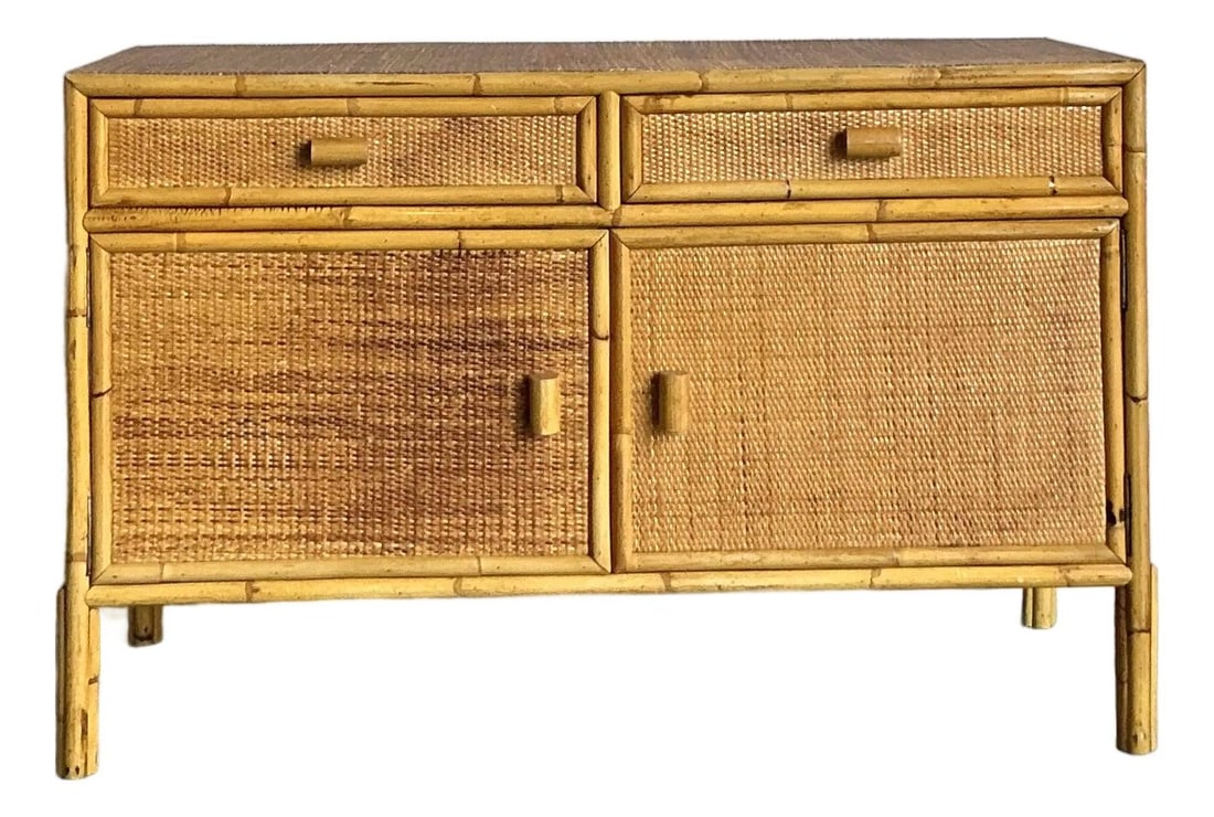Woven Rattan and Bamboo Console Sideboard with Drawers and Cabinets: Woven Rattan and Bamboo Console Sideboard with Drawers and Cabinets This vintage sideboard showcases the distinctive warmth and texture of the Tropical Modern movement, ideal for Coastal and Boho Chic