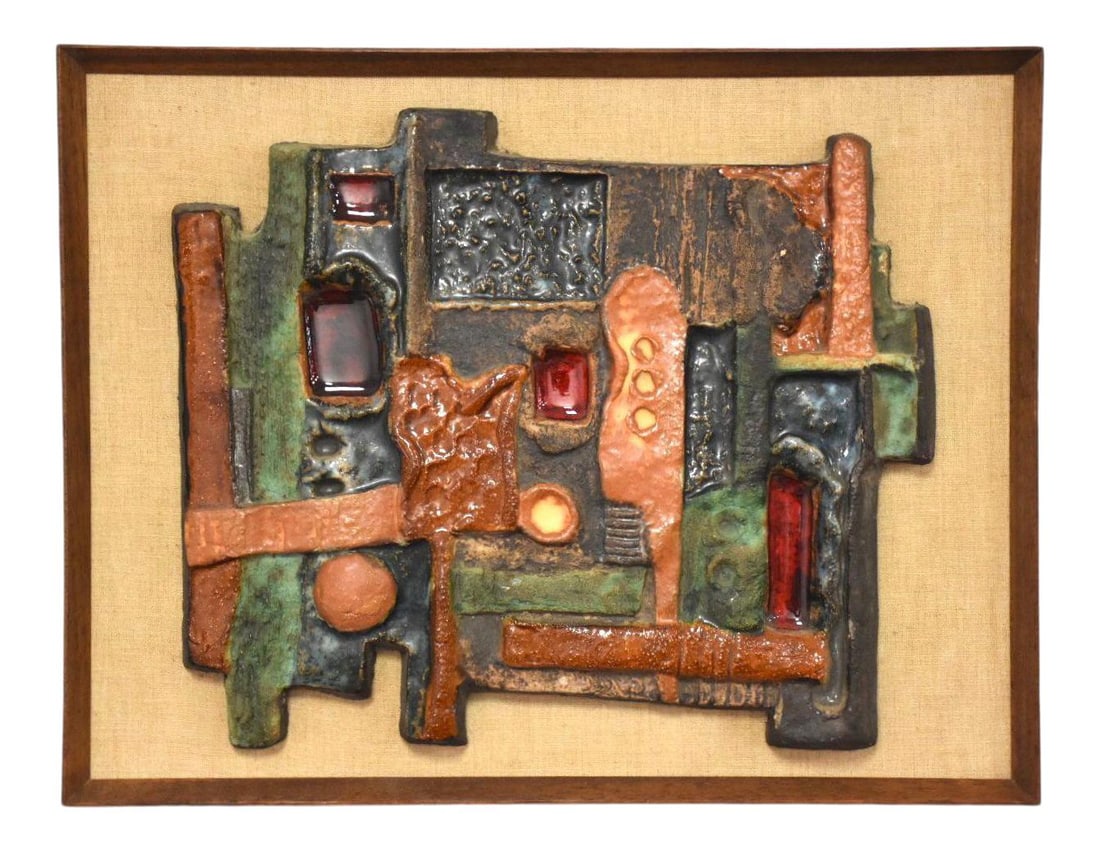 Mid Century Brutalist Ceramic Plaque with Mahogany Frame: Mid Century Brutalist Ceramic Plaque with Mahogany Frame This stunning Mid Century Brutalist Ceramic Plaque features an intriguing collection of shapes and colors, showcasing a unique multi-textured d