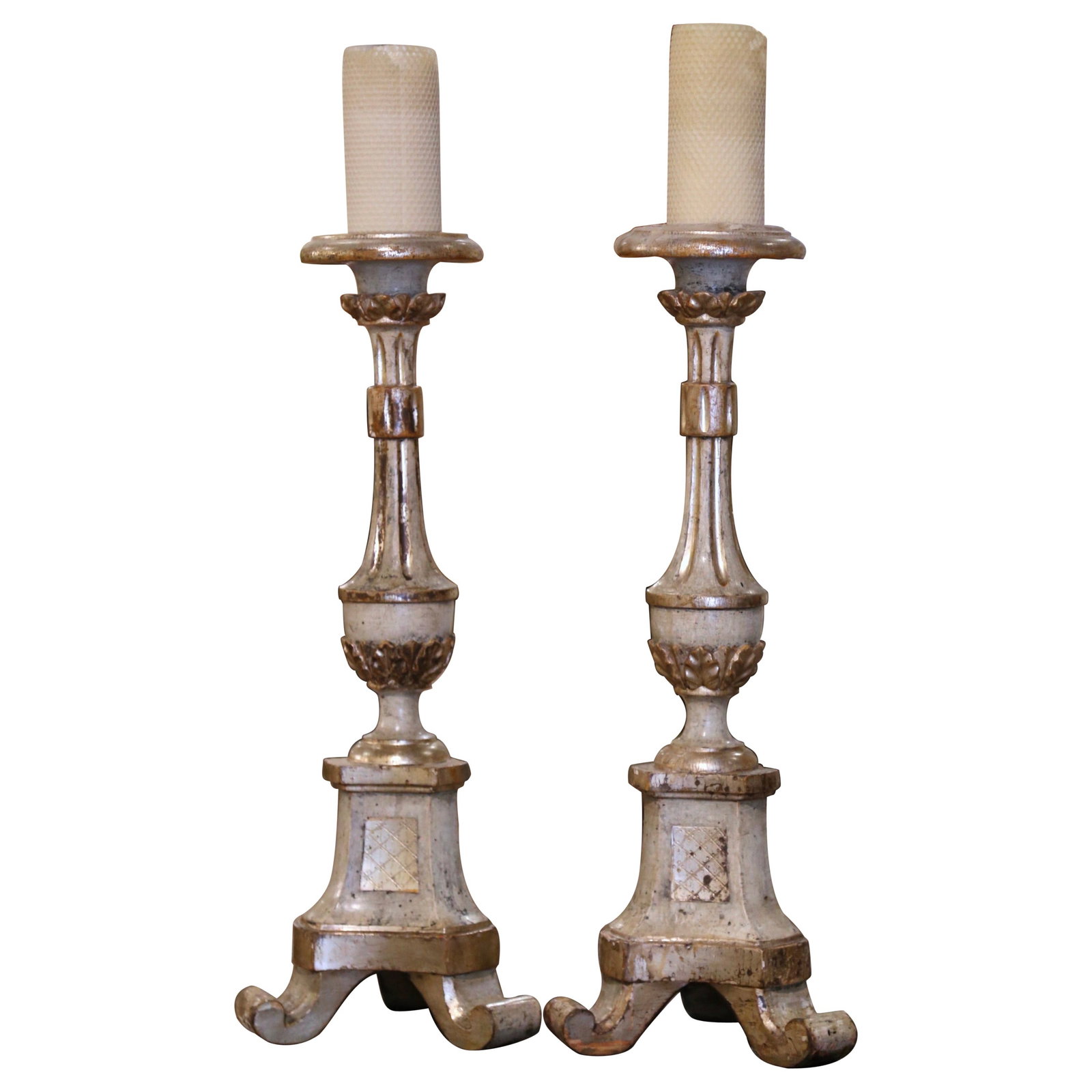 Set of 2 19th Century Italian Giltwood Polychrome Candlesticks: Set of 2 19th Century Italian Giltwood Polychrome Candlesticks Enhance your home with this exquisite pair of 19th Century Italian polychrome candlesticks, a perfect blend of elegance and drama. Crafte