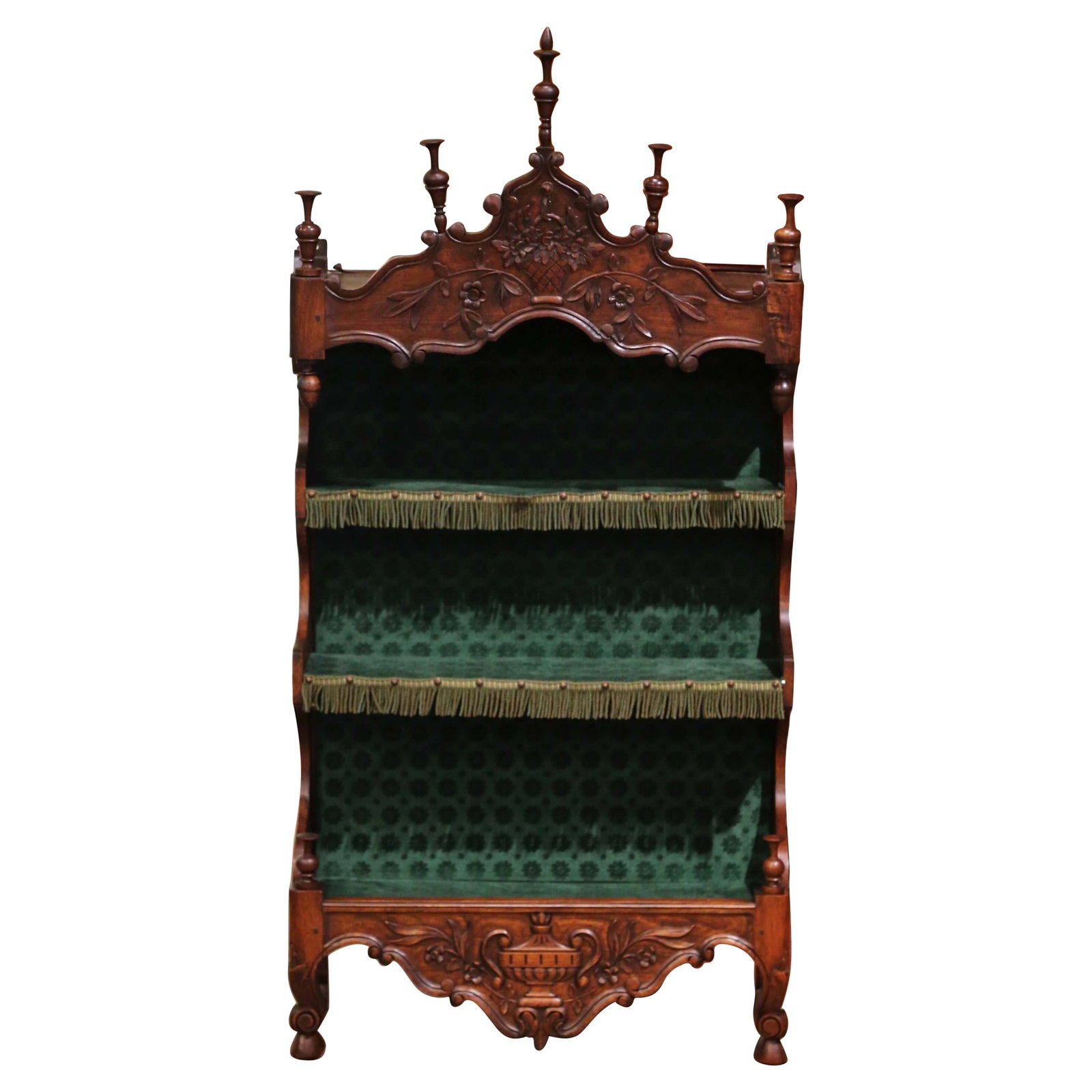 19th Century French Louis XV Carved Walnut Estanier with Velvet Shelves: 19th Century French Louis XV Carved Walnut Estanier with Velvet Shelves This exquisite late 19th-century French Louis XV Estanier, crafted circa 1880, showcases the elegance and artistry characteristi