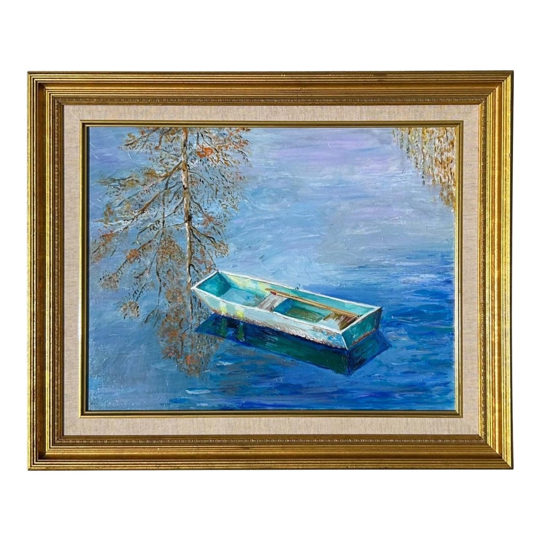 Original Oil Painting of Boat on Calm Waters in Gold Frame: Original Oil Painting of Boat on Calm Waters in Gold Frame This vintage boho original oil painting depicts a tranquil seascape featuring a lone small boat gently floating on calm waters, with reflecti