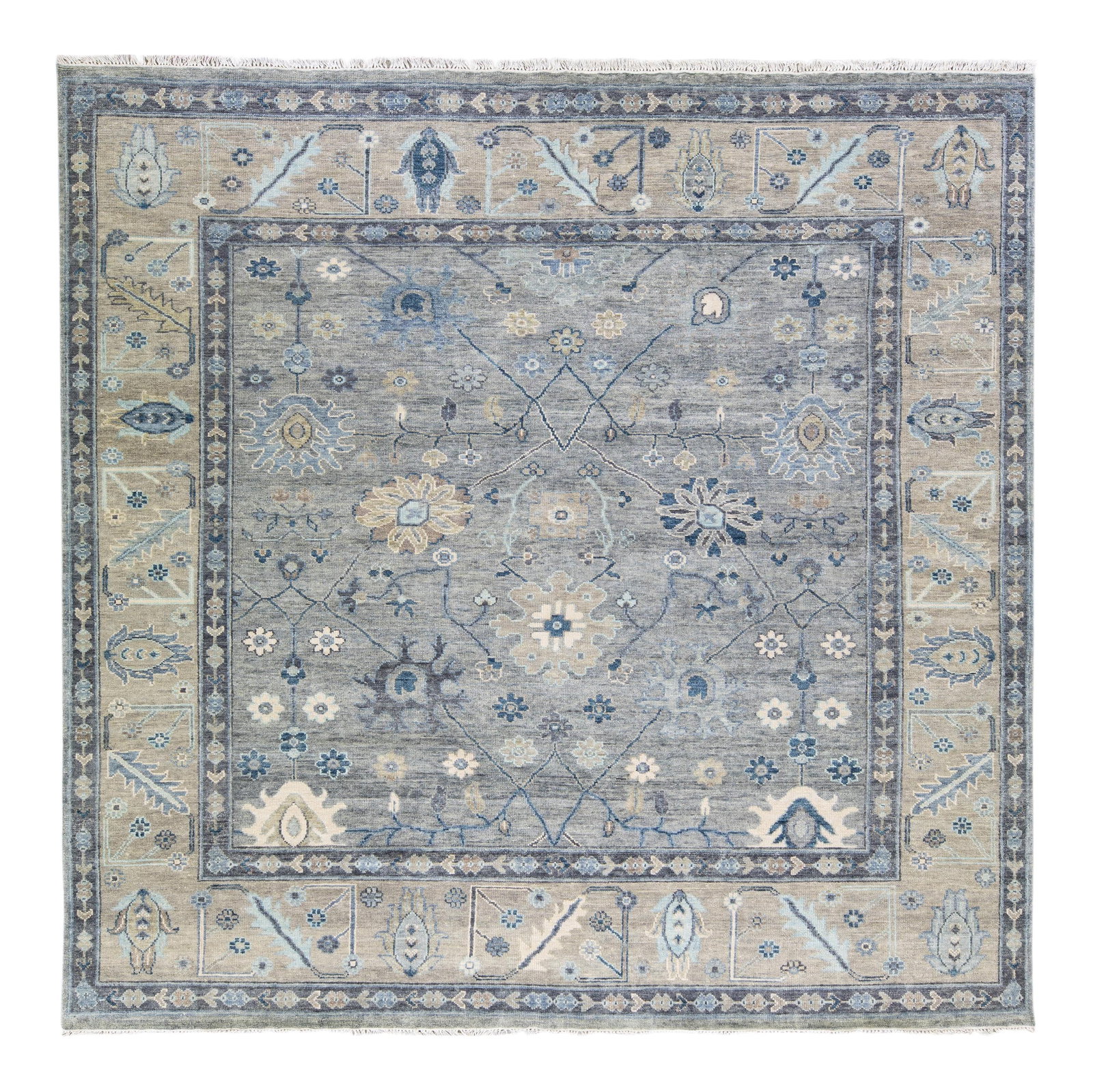 Stunning Gray Oushak Handmade Floral Wool Rug 11' x 11': Stunning Gray Oushak Handmade Floral Wool Rug 11' x 11' Enhance your living space with this stunning Modern Gray Oushak Style Handmade Floral Motif Square Wool Rug. Featuring a captivating gray field 