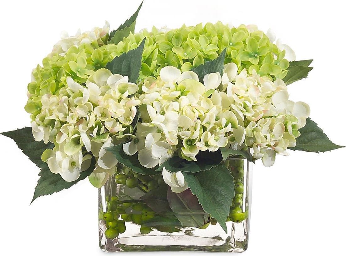 John-Richard Chic Cube Vase with Cream Green Hydrangeas 8H 14W 12D: John-Richard Chic Cube Vase with Cream Green Hydrangeas 8H 14W 12D Enhance your home decor with this Chic Cube Vase featuring beautiful cream and green hydrangeas. The vase is designed in an English t