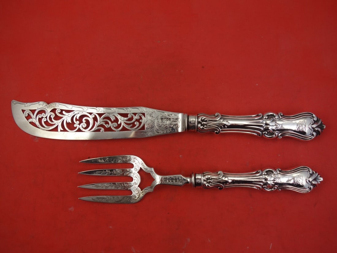 1849 English Sterling Silver Fish Serving Set 2-Piece with Engraved Sheep Motif: 1849 English Sterling Silver Fish Serving Set 2-Piece with Engraved Sheep Motif This exquisite 2-piece fish serving set is crafted from English sterling silver, showcasing both elegance and functional