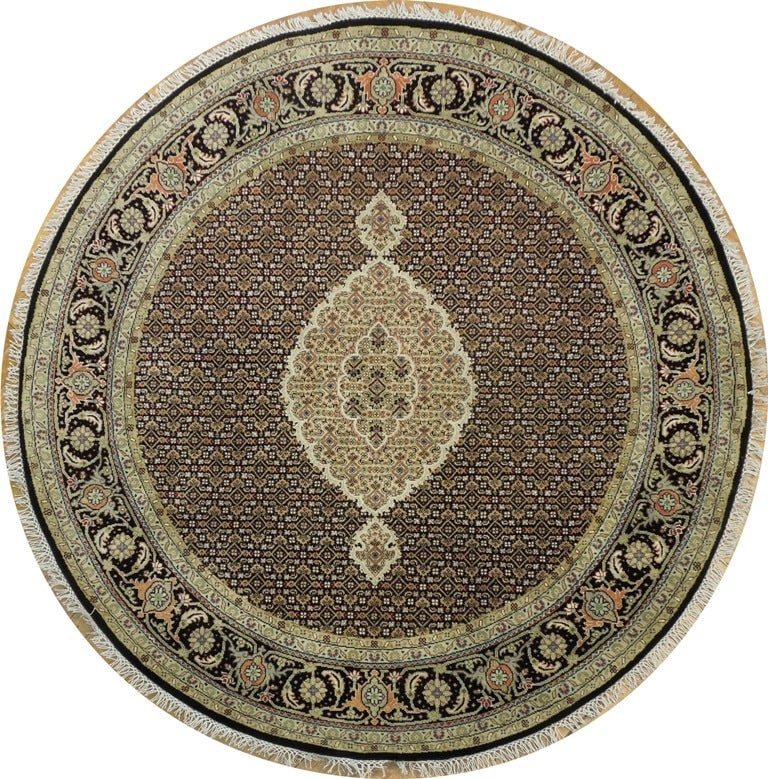 Black Tabriz Mahi Round Rug 5.9ft Handmade Wool Silk Luxury: Black Tabriz Mahi Round Rug 5.9ft Handmade Wool Silk Luxury Free continental US Shipping Experience luxury and tradition with this exquisite 5.9 x 5.9 Black High-Quality Wool & Silk Tabriz Mahi Round 