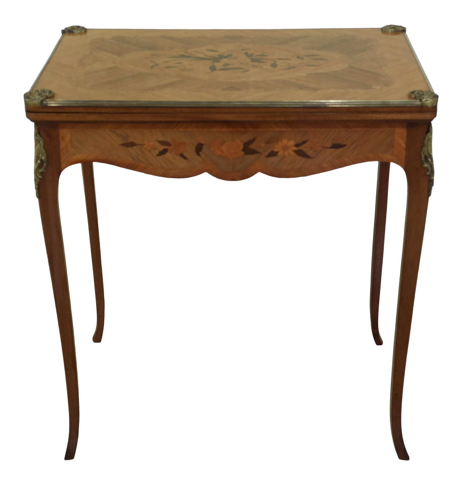 French Louis XV Style Inlaid Flip Top Games Table with Bronze Trim: French Louis XV Style Inlaid Flip Top Games Table with Bronze Trim This exquisite French Louis XV Style Highly Inlaid Flip Top Games Table showcases a remarkable blend of artistry and functionality. A