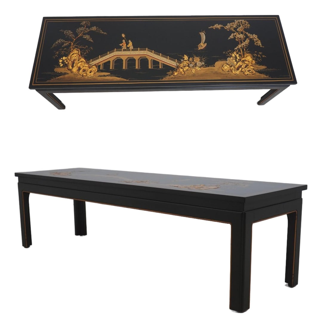 Chinoiserie Painted Wood Coffee Table with Black Finish 58w x 17.5d x 16h: Chinoiserie Painted Wood Coffee Table with Black Finish 58w x 17.5d x 16h This coffee cocktail table features stunning chinoiserie decorated details on a high-quality wood construction. The table is f