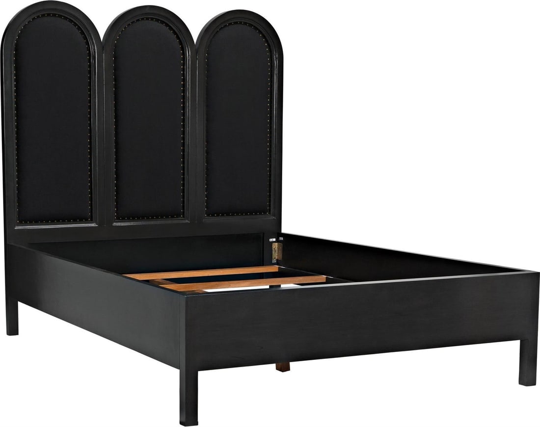 Noir Traditional Mahogany Queen Bedframe with Brass Nail Heads: Noir Traditional Mahogany Queen Bedframe with Brass Nail Heads Enhance your bedroom with this exquisite Traditional Mahogany Bedframe designed to accommodate a queen mattress. This bedframe features a