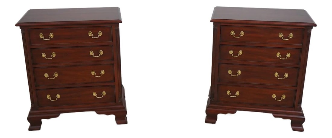 Set of Two Cherry Wood Model 116 Nightstands with Brass Hardware: Set of Two Cherry Wood Model 116 Nightstands with Brass Hardware This pair of Henkel Harris Model 116 nightstands features high-quality cherry wood construction in a Chippendale style. Each nightstand