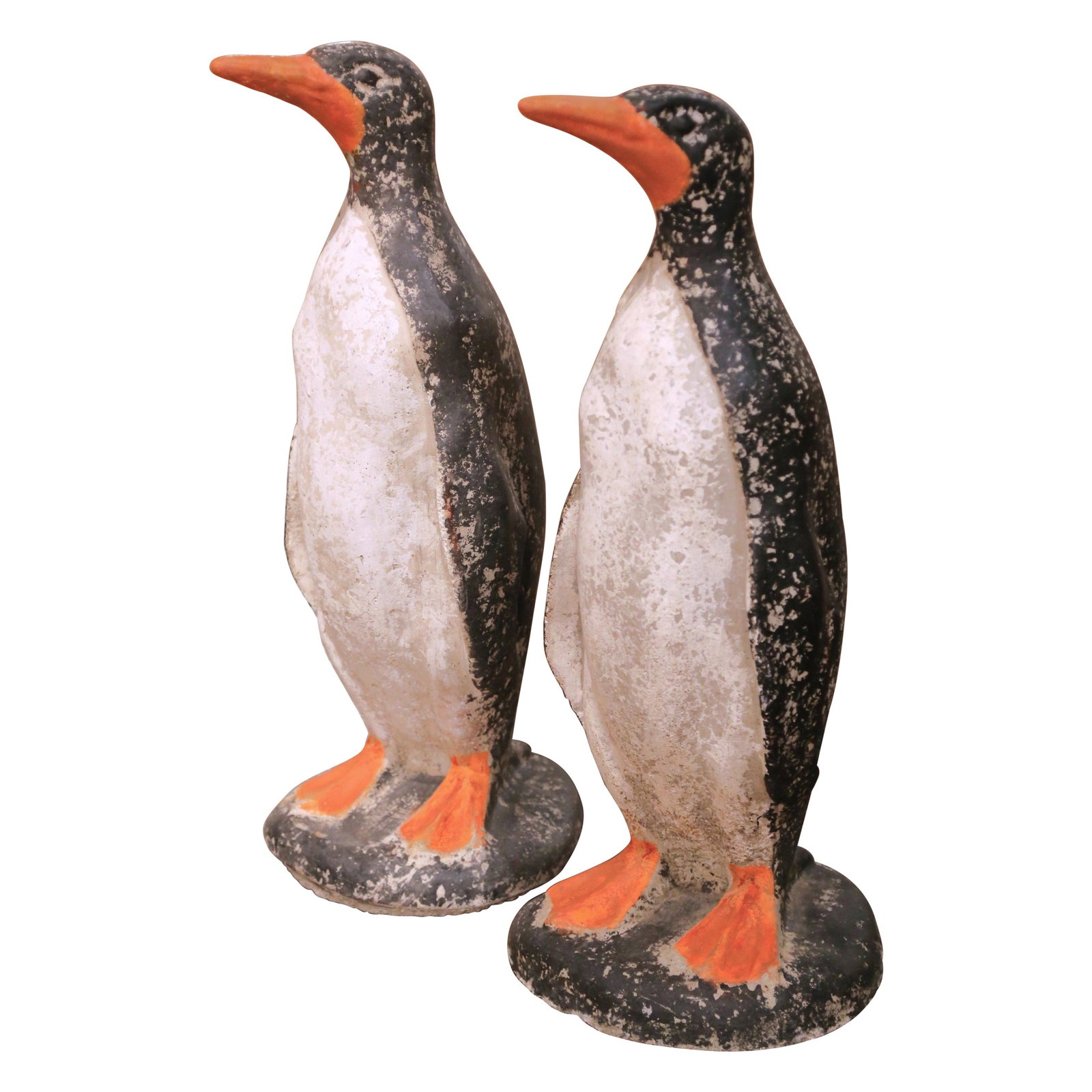 Set of Two French Mid-Century Painted Cast Stone Penguin Garden Statues: Set of Two French Mid-Century Painted Cast Stone Penguin Garden Statues This pair of mid-century French penguin sculptures is crafted from heavy cast stone and hand-painted in black, white, and orange