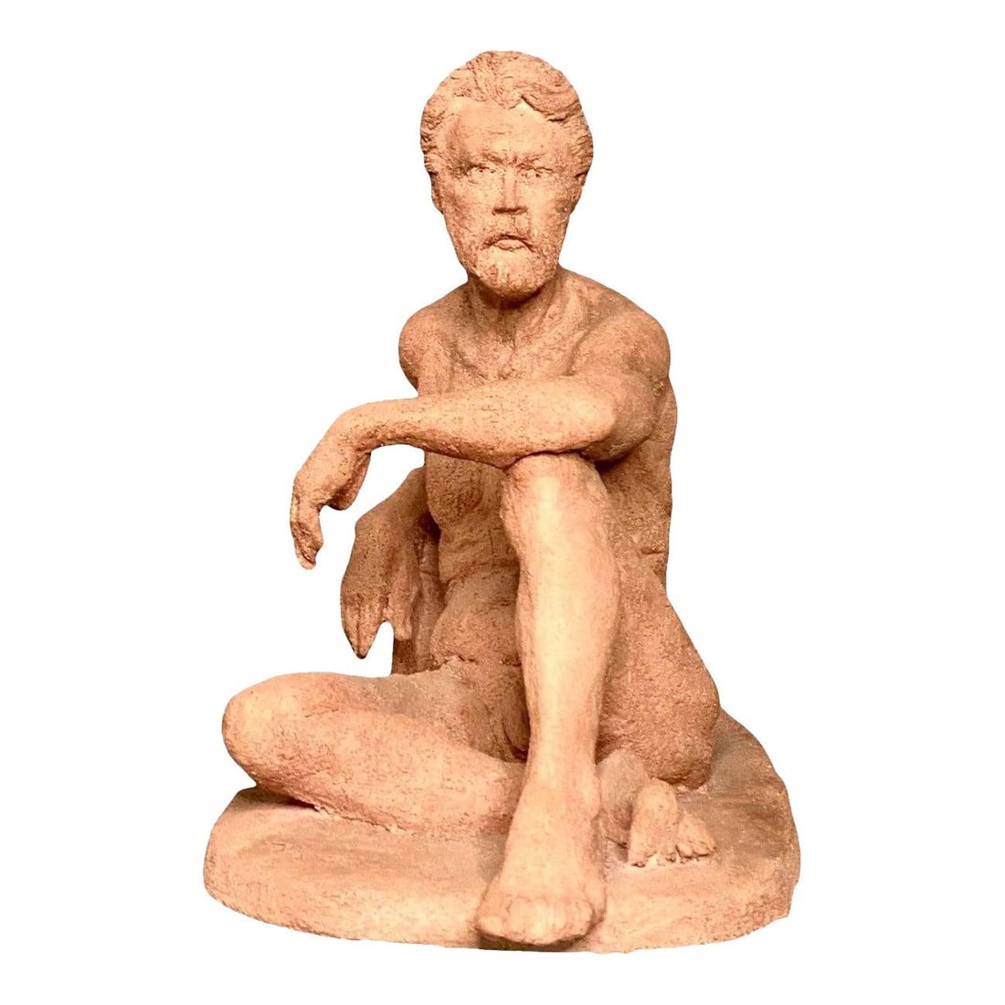 Seated Man Plaster Sculpture in Bohemian Style with Terra Cotta Tones: Seated Man Plaster Sculpture in Bohemian Style with Terra Cotta Tones This vintage Boho figural sculpture features a finely detailed depiction of a seated man, capturing a sense of calm and introspect