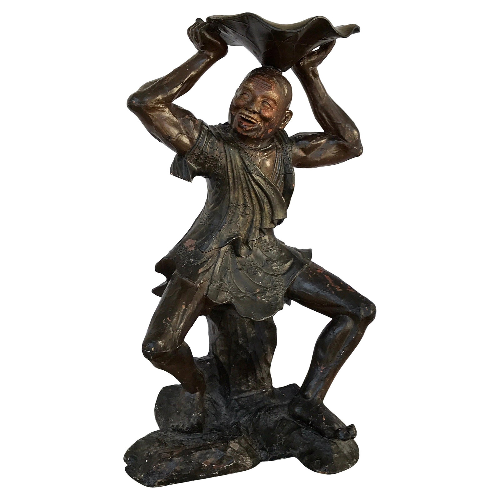 18th Century English Chinoiserie Wood Carved Attendant with Lotus Bowl: 18th Century English Chinoiserie Wood Carved Attendant with Lotus Bowl This exquisite 18th Century English wood carved standing Chinese attendant features intricate detailing and a captivating