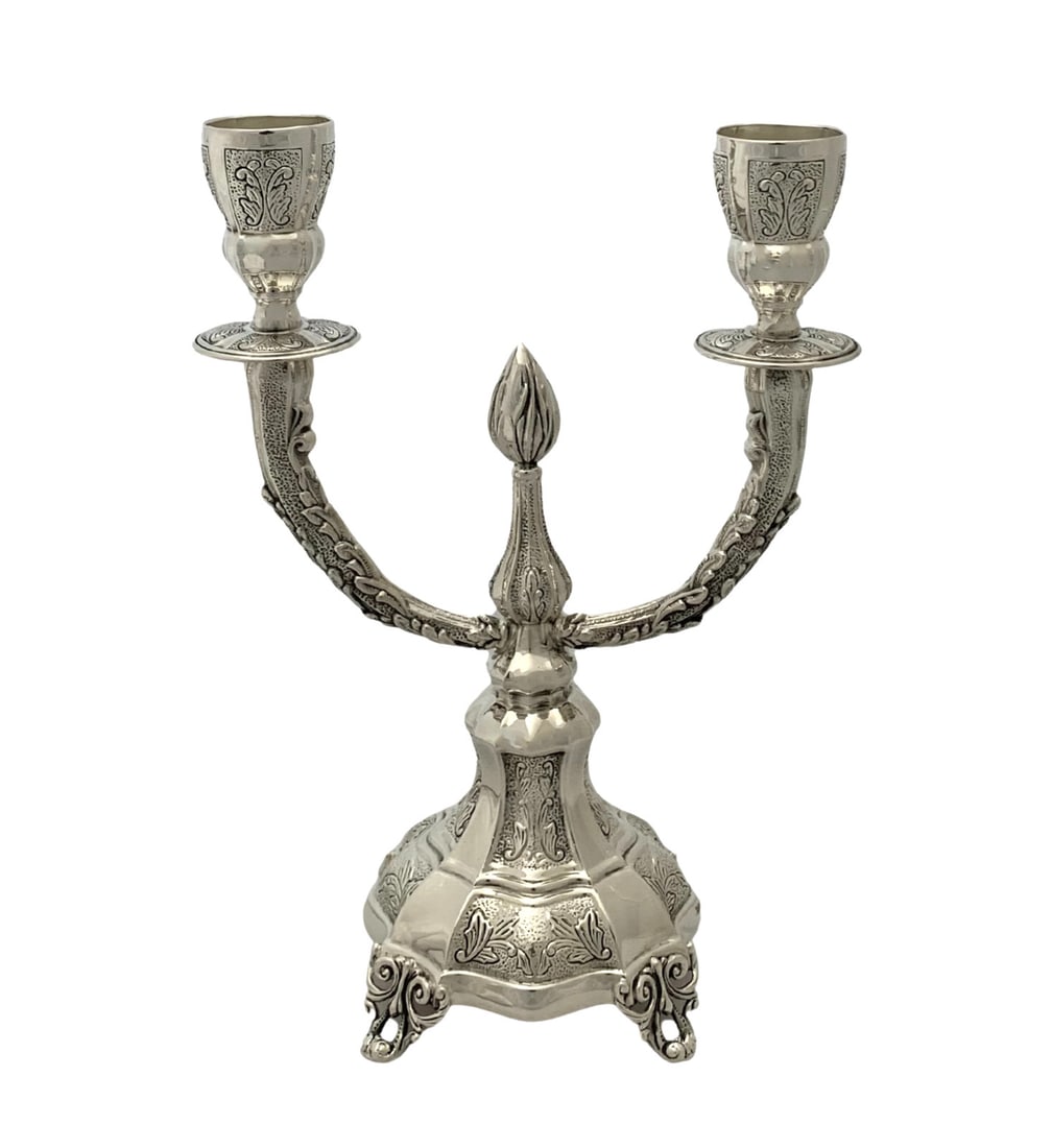 Handmade 925 Sterling Silver 2 Light Candelabra Ornate Design: Handmade 925 Sterling Silver 2 Light Candelabra Ornate Design This exquisite 2 light candelabra is crafted from fine .925 sterling silver, showcasing a stunning handmade chased swirl design. The piece