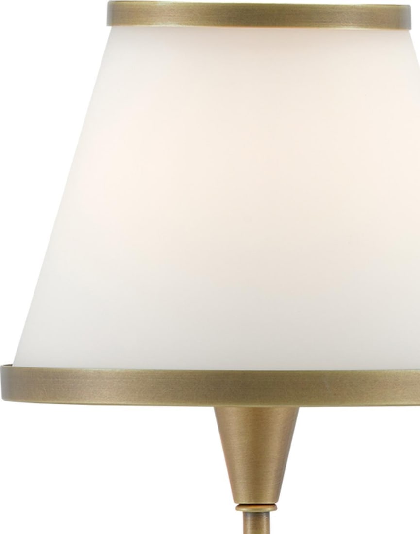 Currey Brimsley Brass Wall Sconce with Opaque Shade: Currey Brimsley Brass Wall Sconce with Opaque Shade Illuminate your space with this elegant brass wall sconce, designed in a neo-classical revival style. This medium-sized fixture features a beautiful
