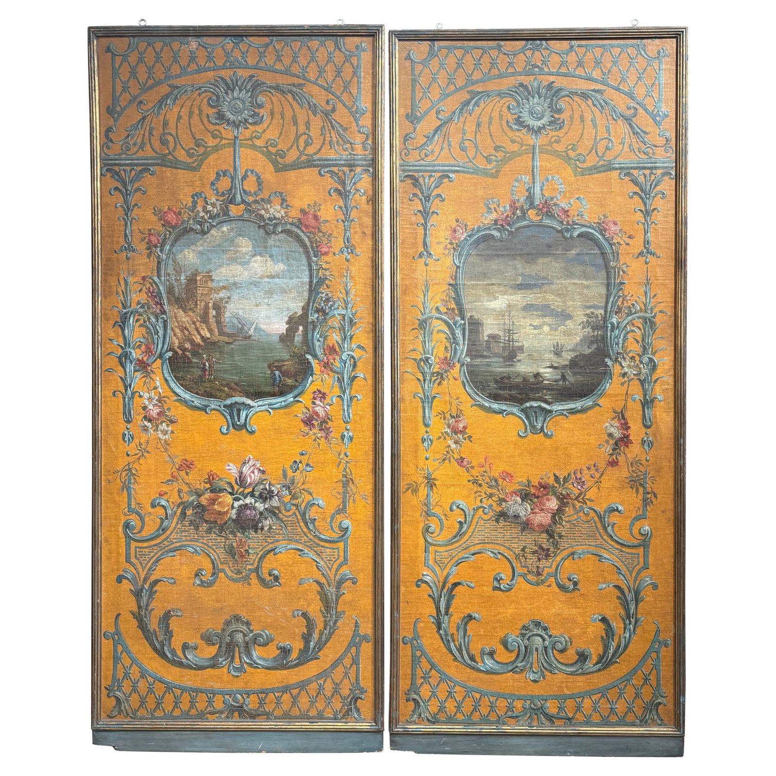 19th Century Louis XV Hand-Painted Panels Set of 2 with Vernet Harbor Scenes: 19th Century Louis XV Hand-Painted Panels Set of 2 with Vernet Harbor Scenes Enhance your living space with this exquisite pair of 19th-century French Louis XV hand-painted panels, reminiscent of the 