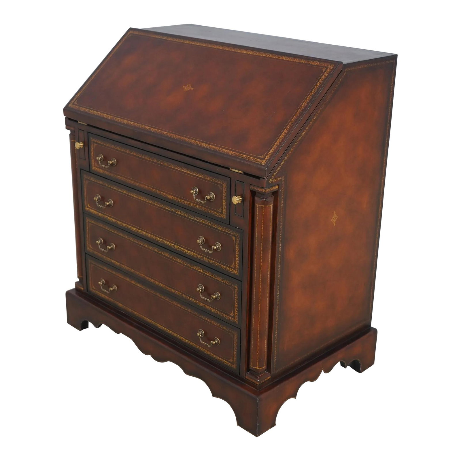 Maitland Smith Leather Slant Front Desk with Brass Hardware: Maitland Smith Leather Slant Front Desk with Brass Hardware This exquisite Maitland Smith slant front desk features a quality tooled leather surface complemented by solid brass hardware. Crafted appro