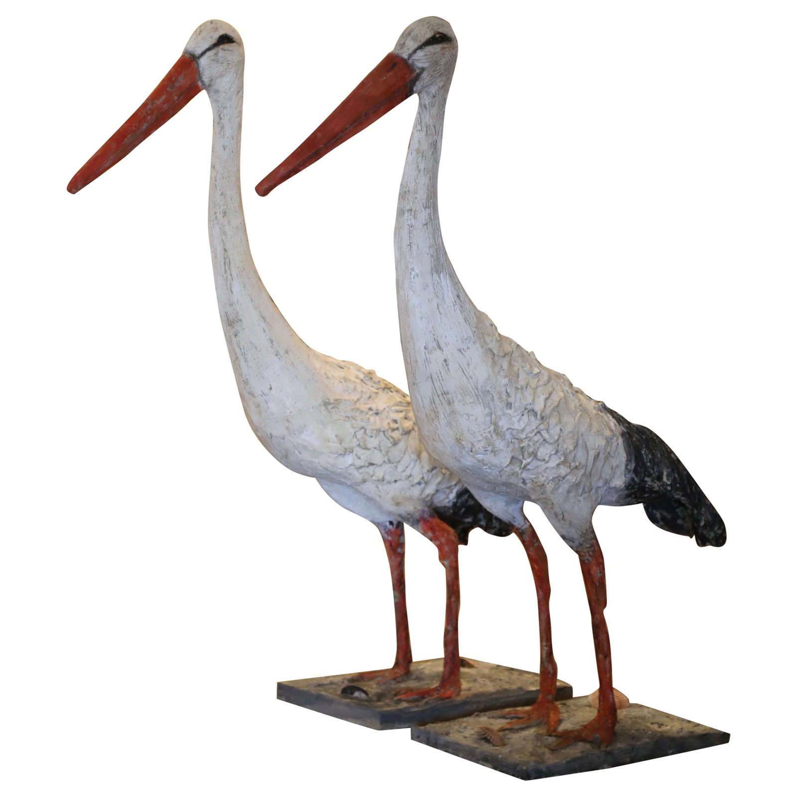 Set of 2 Early 20th Century French Hand-Painted Crane Sculptures: Set of 2 Early 20th Century French Hand-Painted Crane Sculptures Enhance your outdoor space with this exquisite pair of early 20th century French painted crane bird sculptures. These stunning handcraf