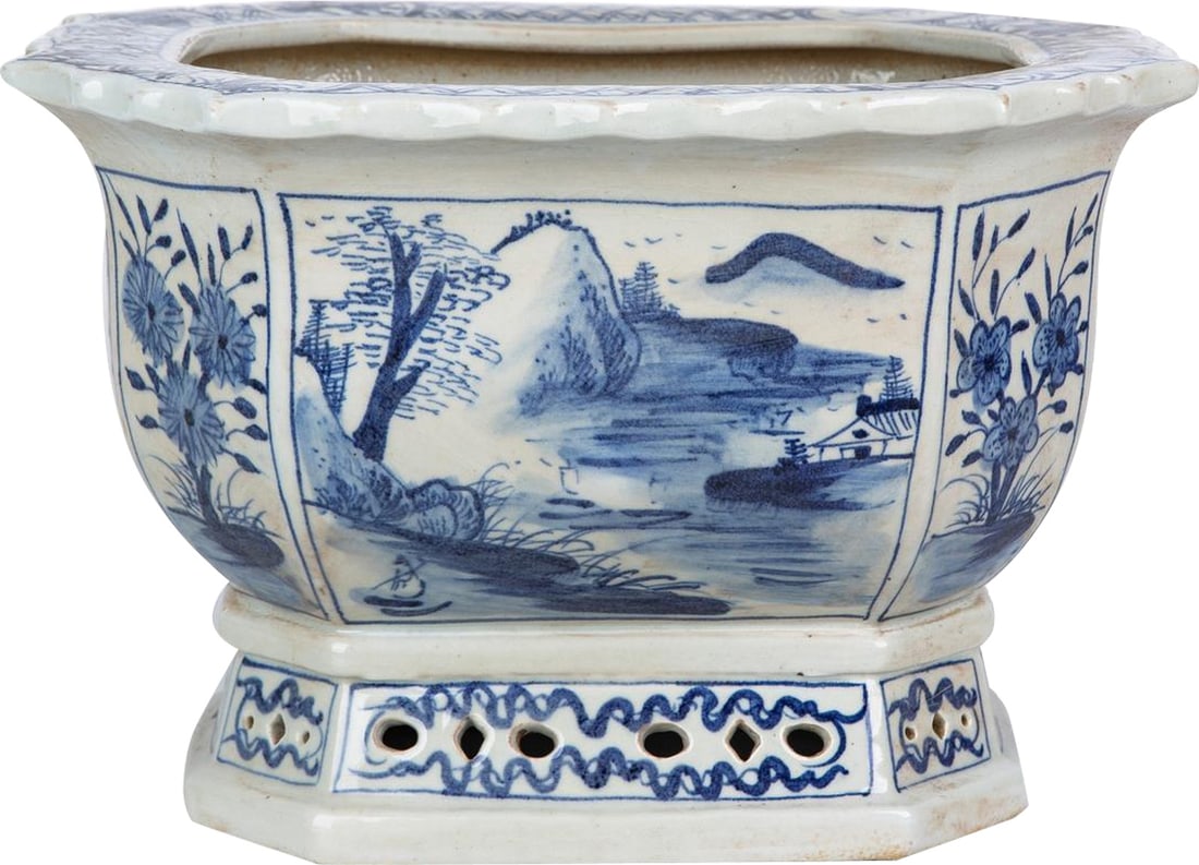 Chinoiserie Style Blue White Ceramic Mountain Village Planter: Chinoiserie Style Blue White Ceramic Mountain Village Planter Elevate your home decor with this stunning Blue & White Mountain Village Ceramic Planter. Hand-crafted in a beautiful Chinoiserie style, t