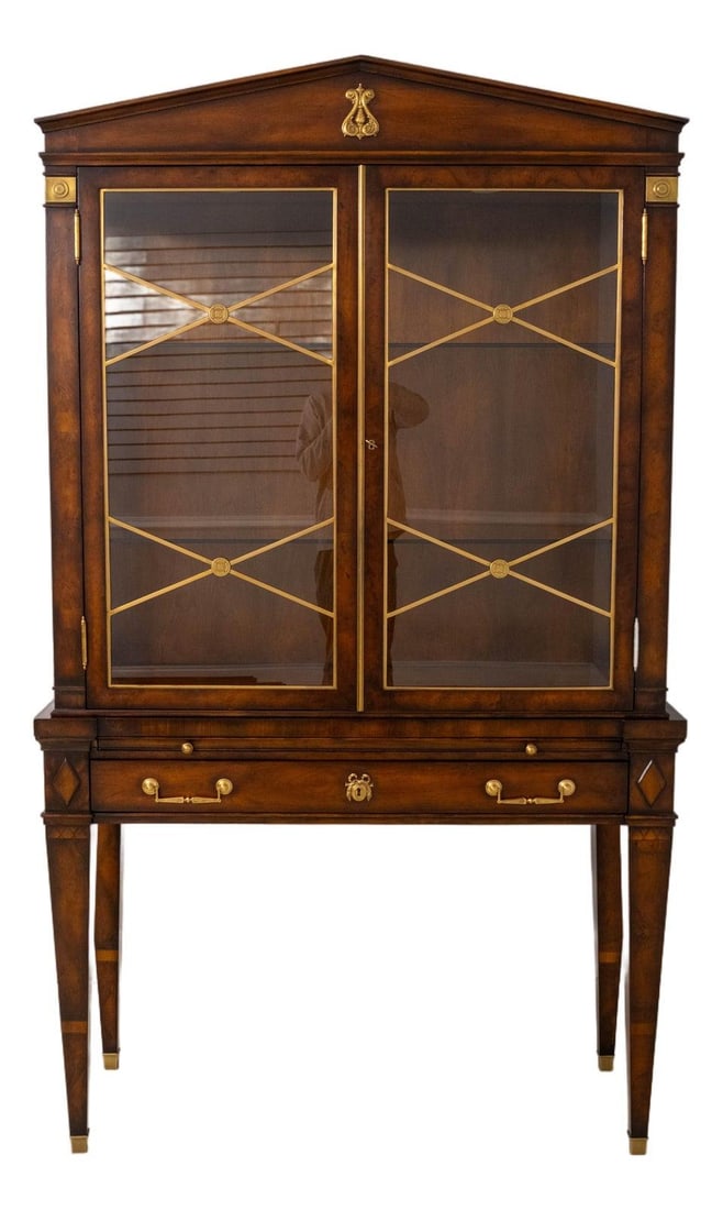 Regency Mahogany Lighted Display Cabinet with Brass Details and Glass Shelves: Regency Mahogany Lighted Display Cabinet with Brass Details and Glass Shelves This Regency style china display cabinet features a rich mahogany construction and offers a large, impressive presentation