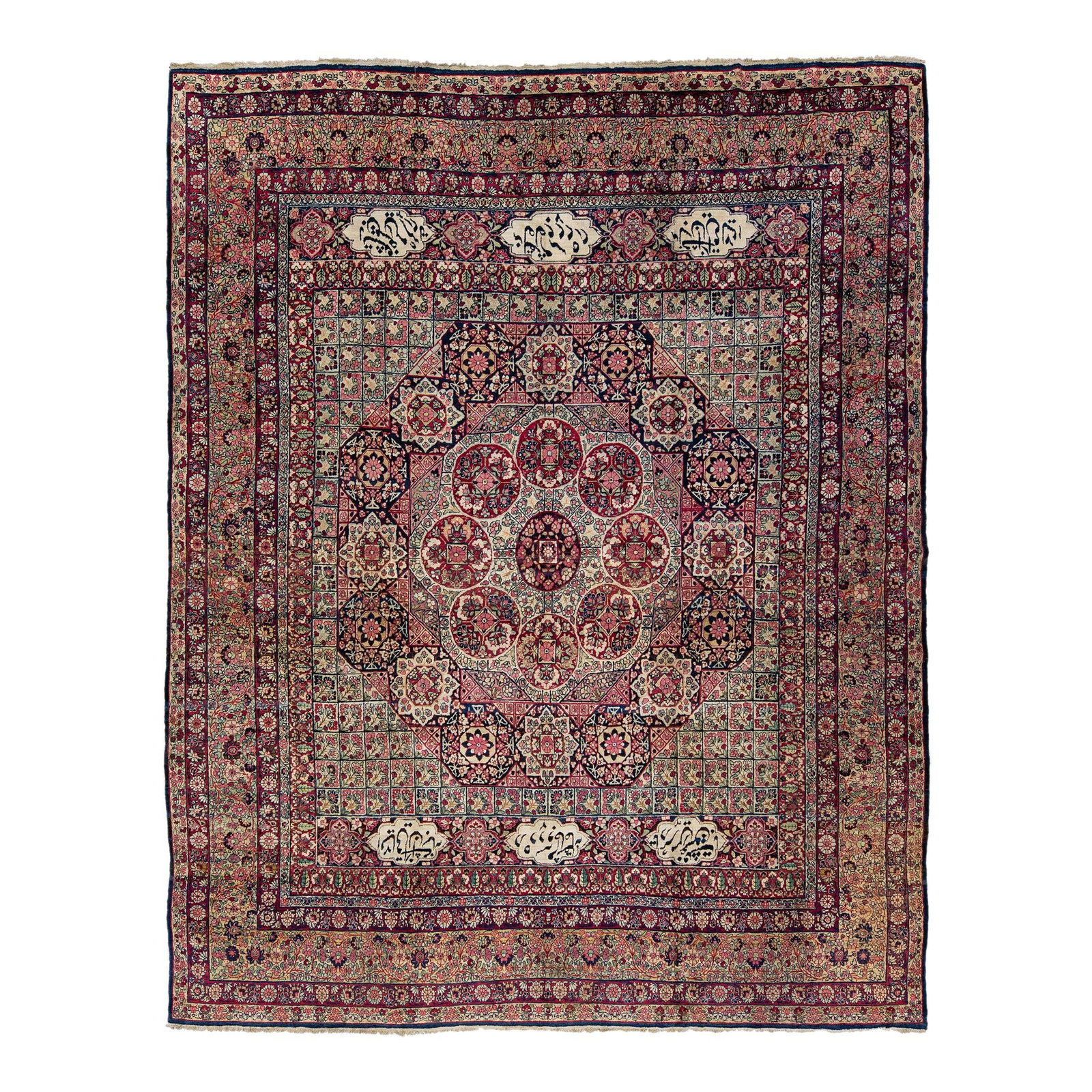 Antique Kerman Hand-Knotted Floral Wool Rug 8'10 x 11: Antique Kerman Hand-Knotted Floral Wool Rug 8'10 x 11 This exquisite antique Kerman rug showcases a stunning all-over floral design, meticulously hand-knotted from high-quality wool. The rug features 