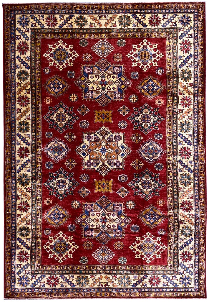 7.3 x 9.9 Super Kazak Rug Silky Wool Premium Quality: 7.3 x 9.9 Super Kazak Rug Silky Wool Premium Quality Free continental US Shipping This exquisite Super Kazak rug measures 7.3 x 9.9 feet and is crafted from finer silky wool, showcasing a rich texture