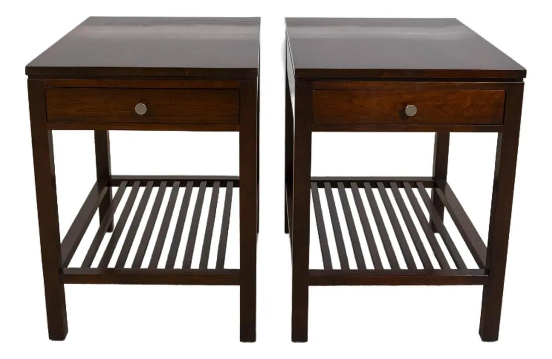 Stickley Cherry Metropolitan End Tables with Dovetailed Drawers: Stickley Cherry Metropolitan End Tables with Dovetailed Drawers This exquisite pair of Stickley Cherry Metropolitan end side tables, crafted around 2002, features a beautiful cherry wood finish in a r