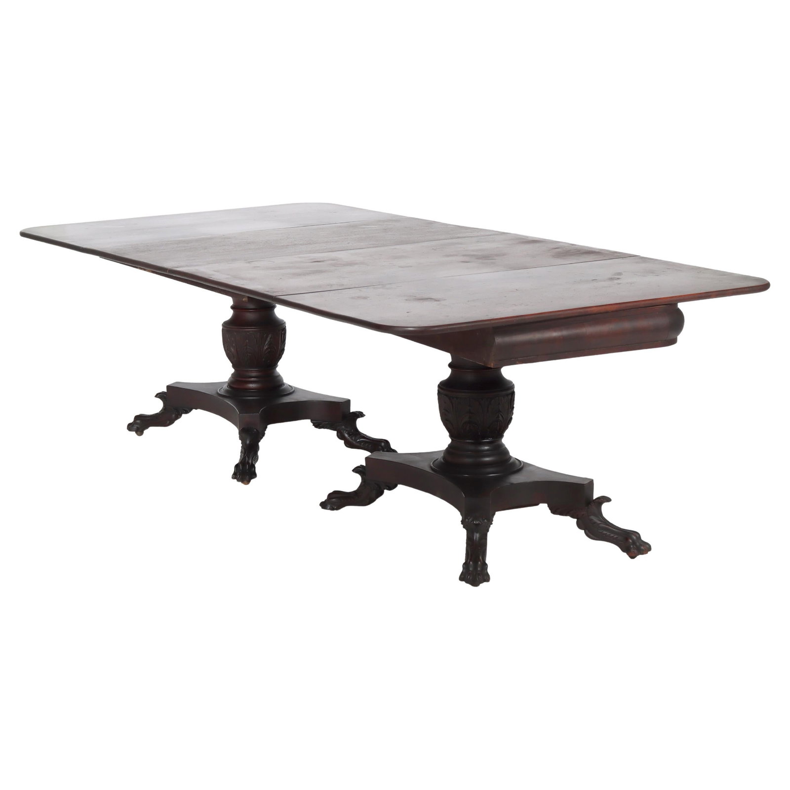 Two-Piece Flame Mahogany Banquet Table in Quervelle Classical Style: Two-Piece Flame Mahogany Banquet Table in Quervelle Classical Style This exceptional American Classical two-piece banquet table, dating to circa 1840, is crafted from richly grained flame mahogany in 