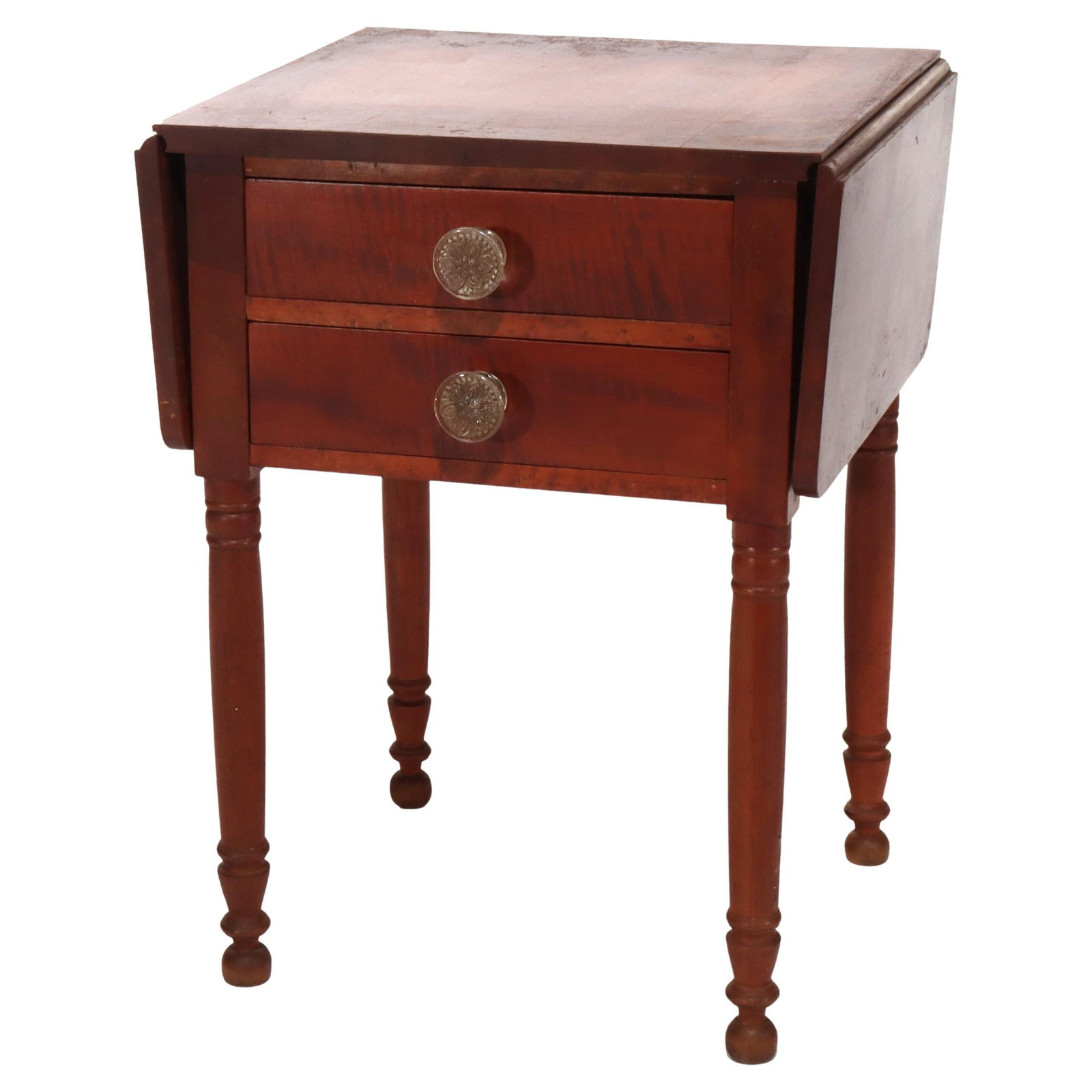 Antique Sheraton C1840 Cherry Tiger Maple Drop Leaf Table with Glass Pulls: Antique Sheraton C1840 Cherry Tiger Maple Drop Leaf Table with Glass Pulls This exquisite antique Sheraton drop leaf table, crafted circa 1840, showcases a beautiful combination of cherry and tiger ma