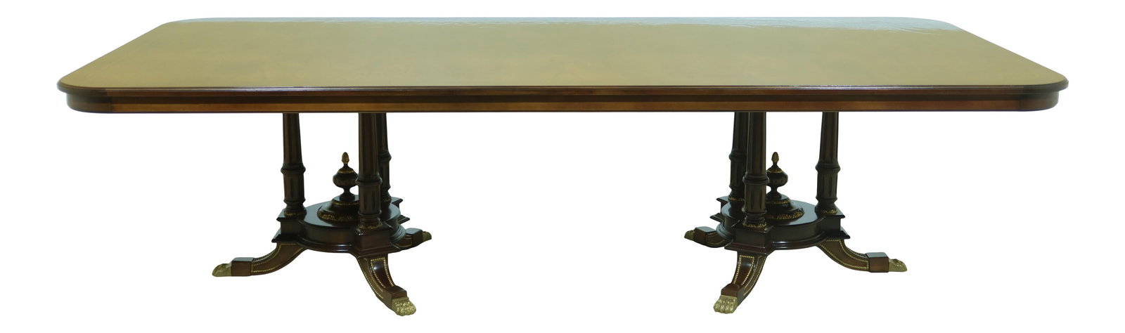 Francesco Molon Italian Regency Banquet Table Burl Walnut Gold Gilt: Francesco Molon Italian Regency Banquet Table Burl Walnut Gold Gilt This exquisite Italian Regency dining room banquet table showcases high-quality construction and is approximately 20 years old. Craf