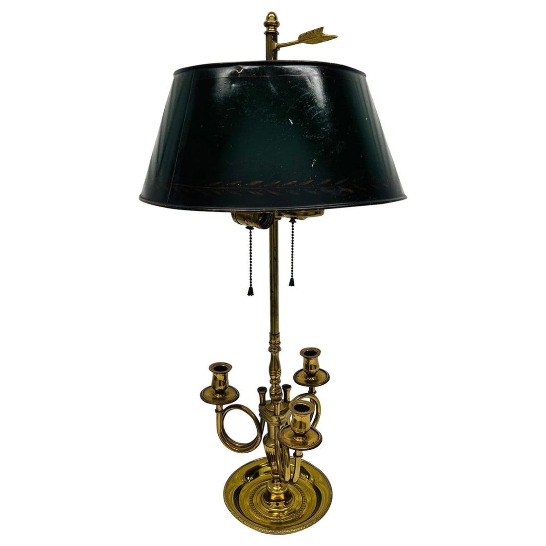 Antique French Louis XVI Brass Bouillotte Lamp with Green Tole Shade: Antique French Louis XVI Brass Bouillotte Lamp with Green Tole Shade This exquisite antique French Louis XVI style bouillotte table lamp combines elegance and functionality. Crafted in the early to mi