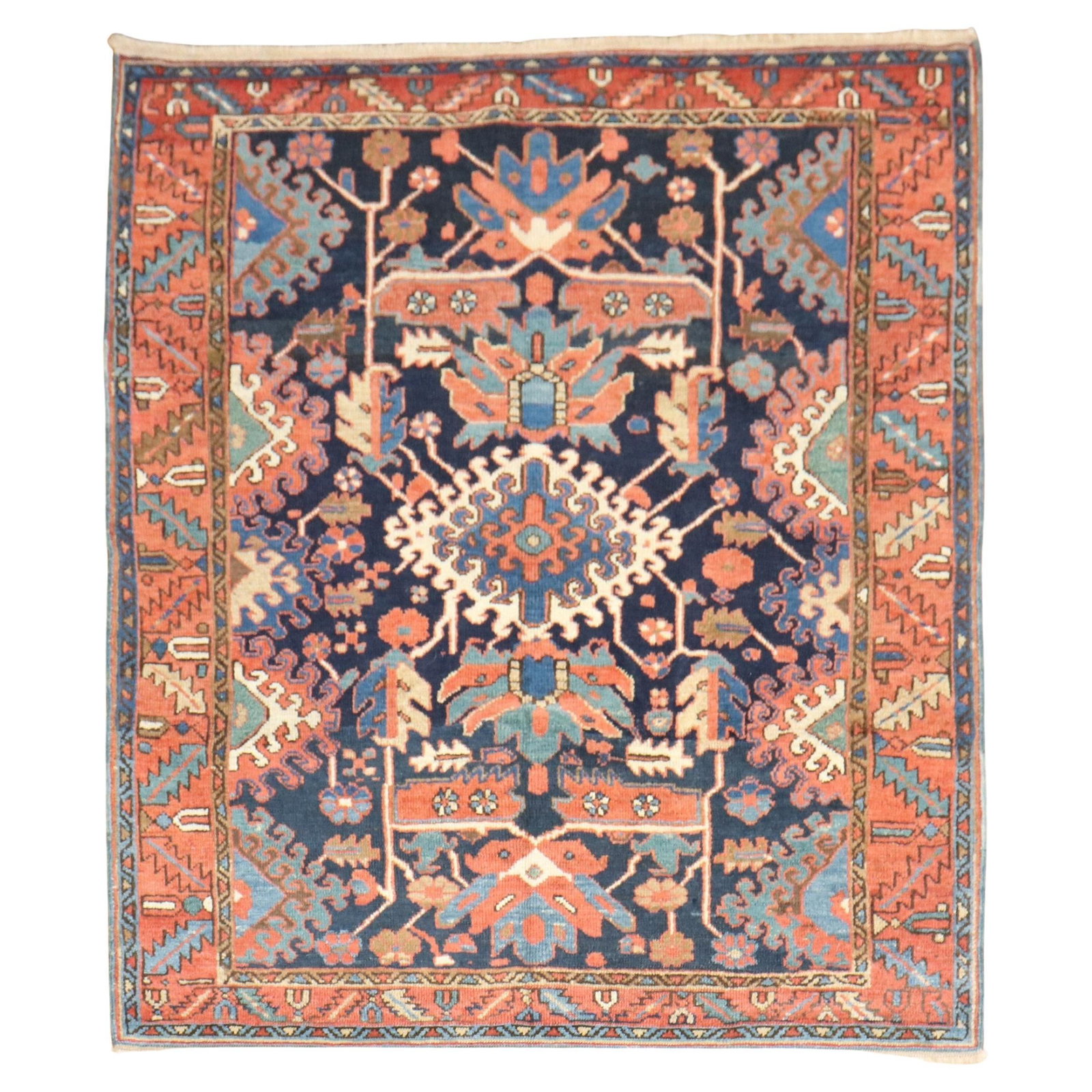 Antique Persian Heriz Rug Navy Geometric Hand-Woven 5x5'8: Antique Persian Heriz Rug Navy Geometric Hand-Woven 5x5'8 Discover the elegance of this antique Persian Heriz rug, a stunning addition to any space. This early 20th century piece features a traditiona