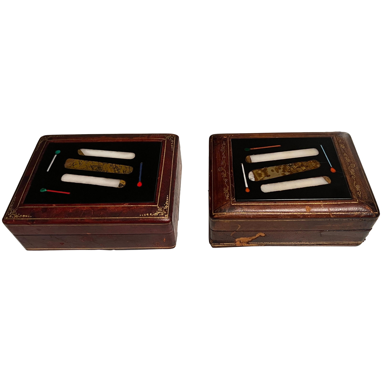 Set of 2 Italian Tooled Leather Tobacco Boxes with Pietra Dura Motif: Set of 2 Italian Tooled Leather Tobacco Boxes with Pietra Dura Motif This exquisite pair of Italian tobacco boxes showcases a stunning combination of craftsmanship and elegance. Each box features a be