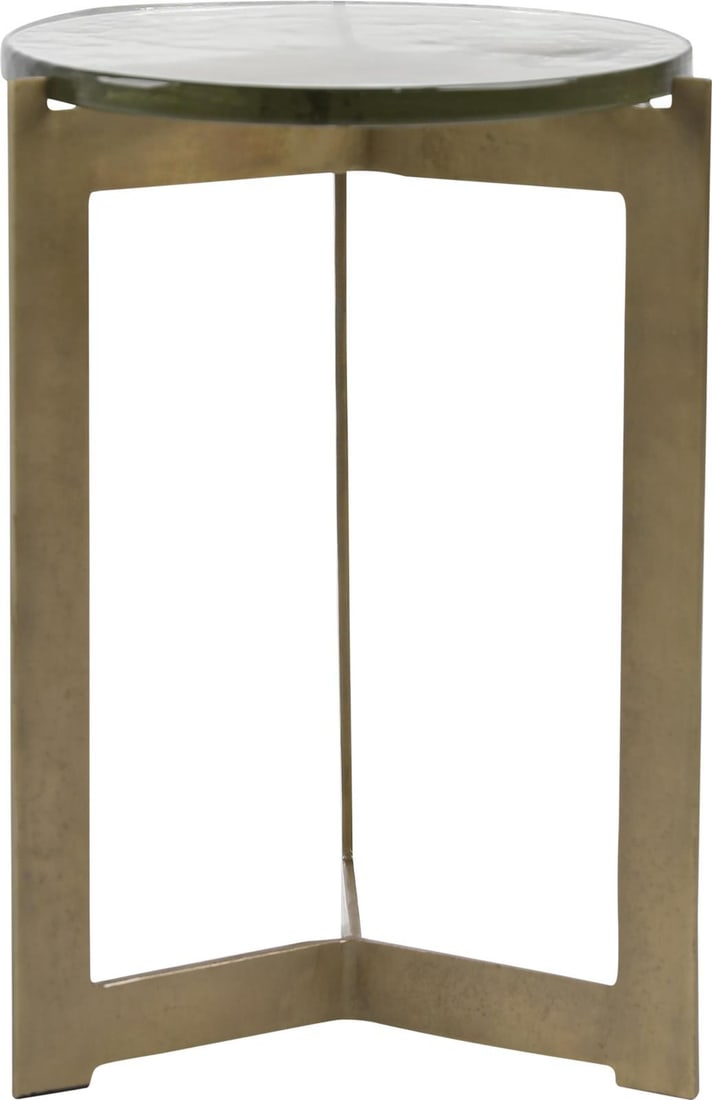 Aida Brass Side Table with Glass Top 22H 16W 16D: Aida Brass Side Table with Glass Top 22H 16W 16D Introducing the Elegant Aida Side Table, a beautifully crafted piece that embodies a vintage charm. Designed with a glass top and an antique brass fini