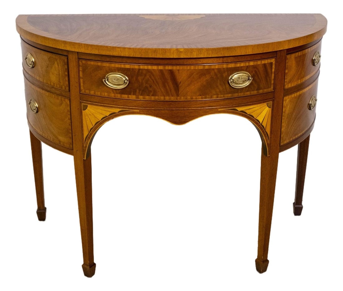 Baker Federal Style Inlaid Mahogany Demilune Server with Brass Hardware: Baker Federal Style Inlaid Mahogany Demilune Server with Brass Hardware This exquisite Baker Federal Style Inlaid Mahogany Demilune Server showcases a timeless design and high-quality craftsmanship. C