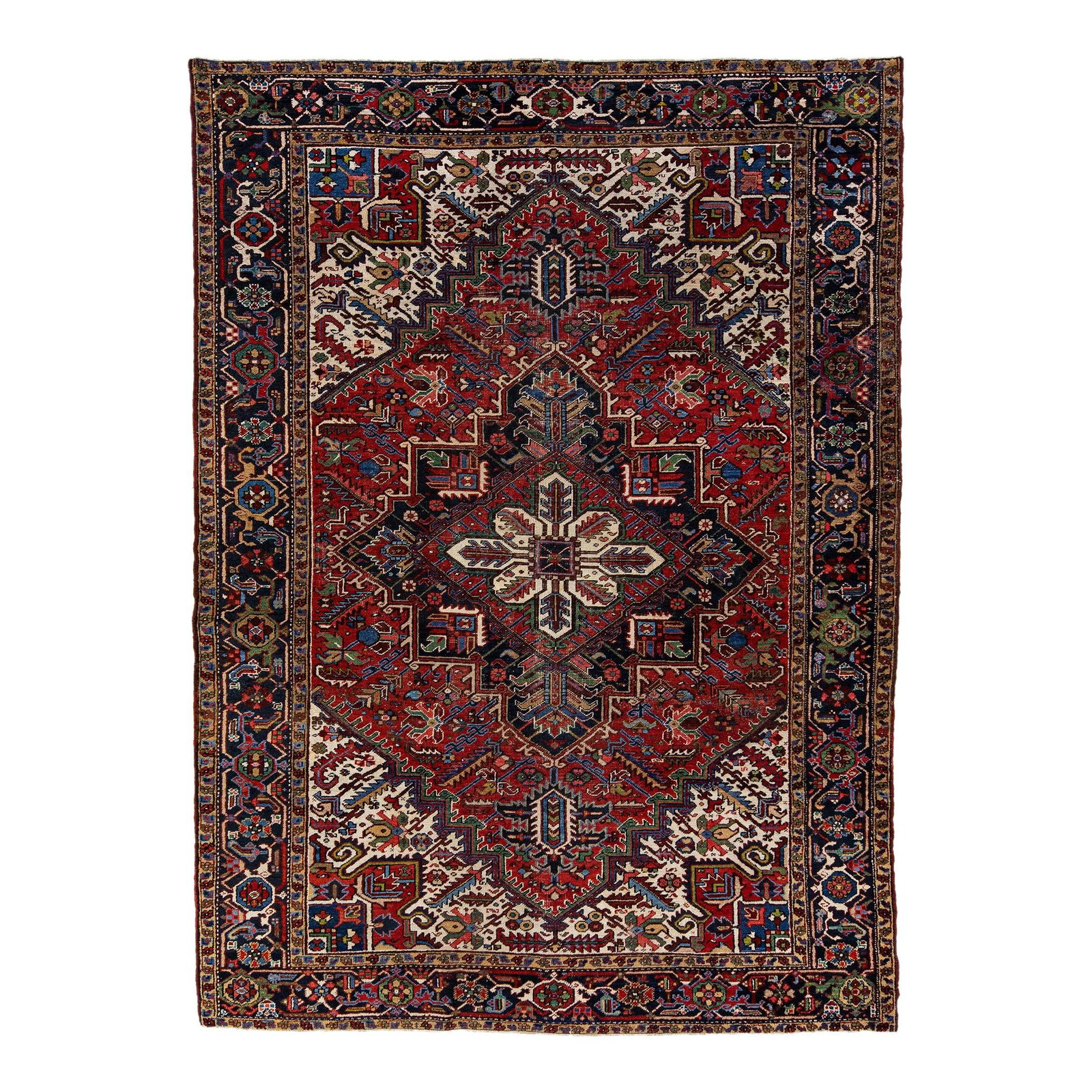 Antique Persian Heriz Handmade Wool Rug Red Medallion Design 7'9 x 10'9: Antique Persian Heriz Handmade Wool Rug Red Medallion Design 7'9 x 10'9 Experience the elegance of this beautifully crafted antique Heriz hand-knotted wool rug, featuring a striking red field compleme