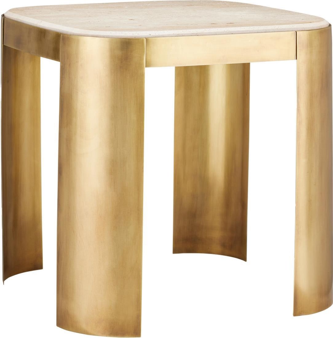 Currey Chic Gold Stainless Steel Travertine Accent Table: Currey Chic Gold Stainless Steel Travertine Accent Table This Chic Gold & Travertine Accent Table features a stunning combination of stainless steel and travertine, making it a stylish addition to any