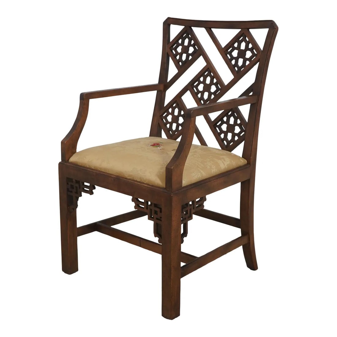 Antique Chinese Chippendale Mahogany Armchair with Carved Fretwork: Antique Chinese Chippendale Mahogany Armchair with Carved Fretwork Experience the elegance of the Vintage Chinese Chippendale Mahogany Chinoiserie Armchair, a timeless piece that embodies exquisite cr