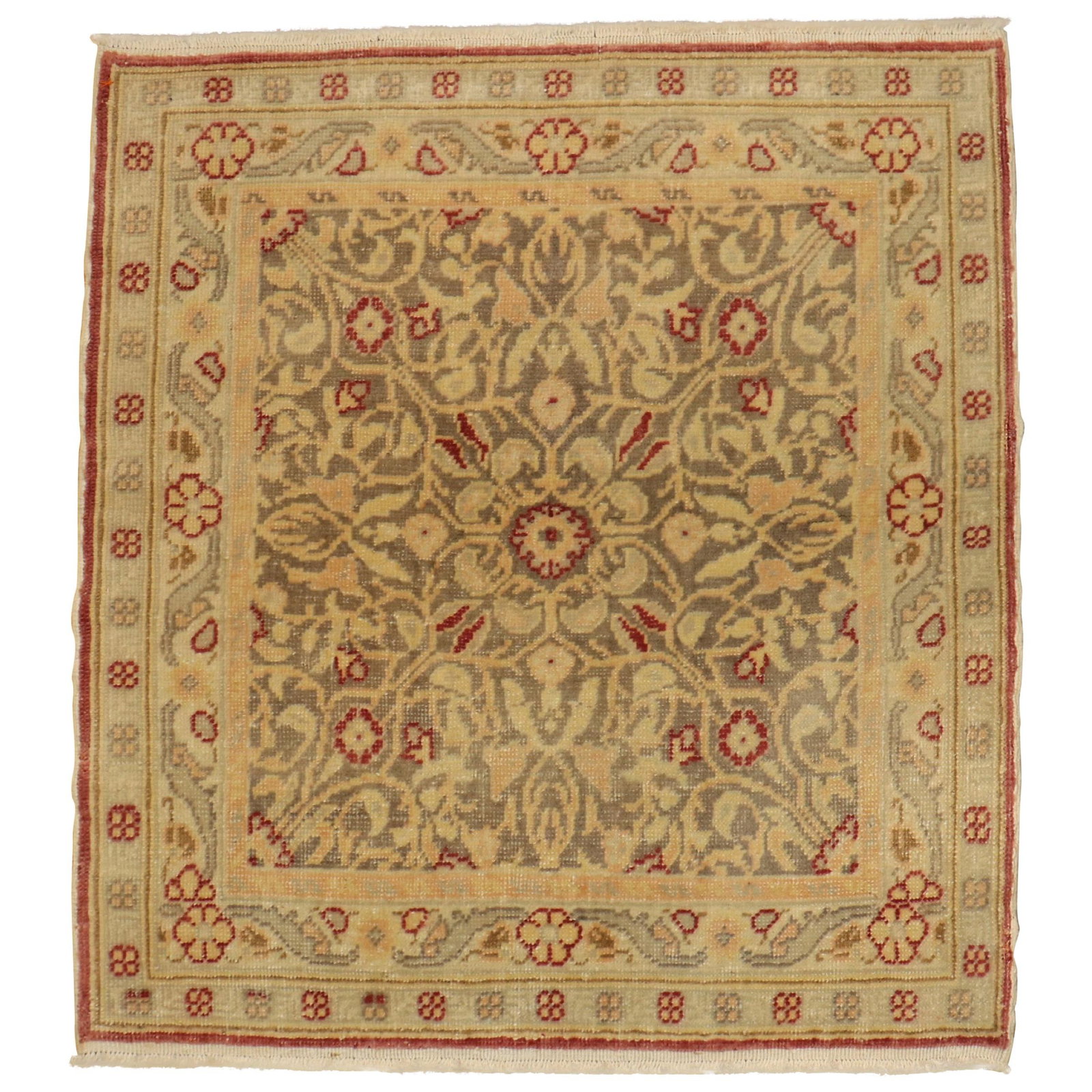 Vintage Turkish Agra Hand-Knotted Wool Rug Brown Crimson Red 26 x 30: Vintage Turkish Agra Hand-Knotted Wool Rug Brown Crimson Red 26 x 30 Discover the beauty of this Zabihi Collection Square Vintage Turkish Rug, a stunning addition to any home decor. Crafted from high-
