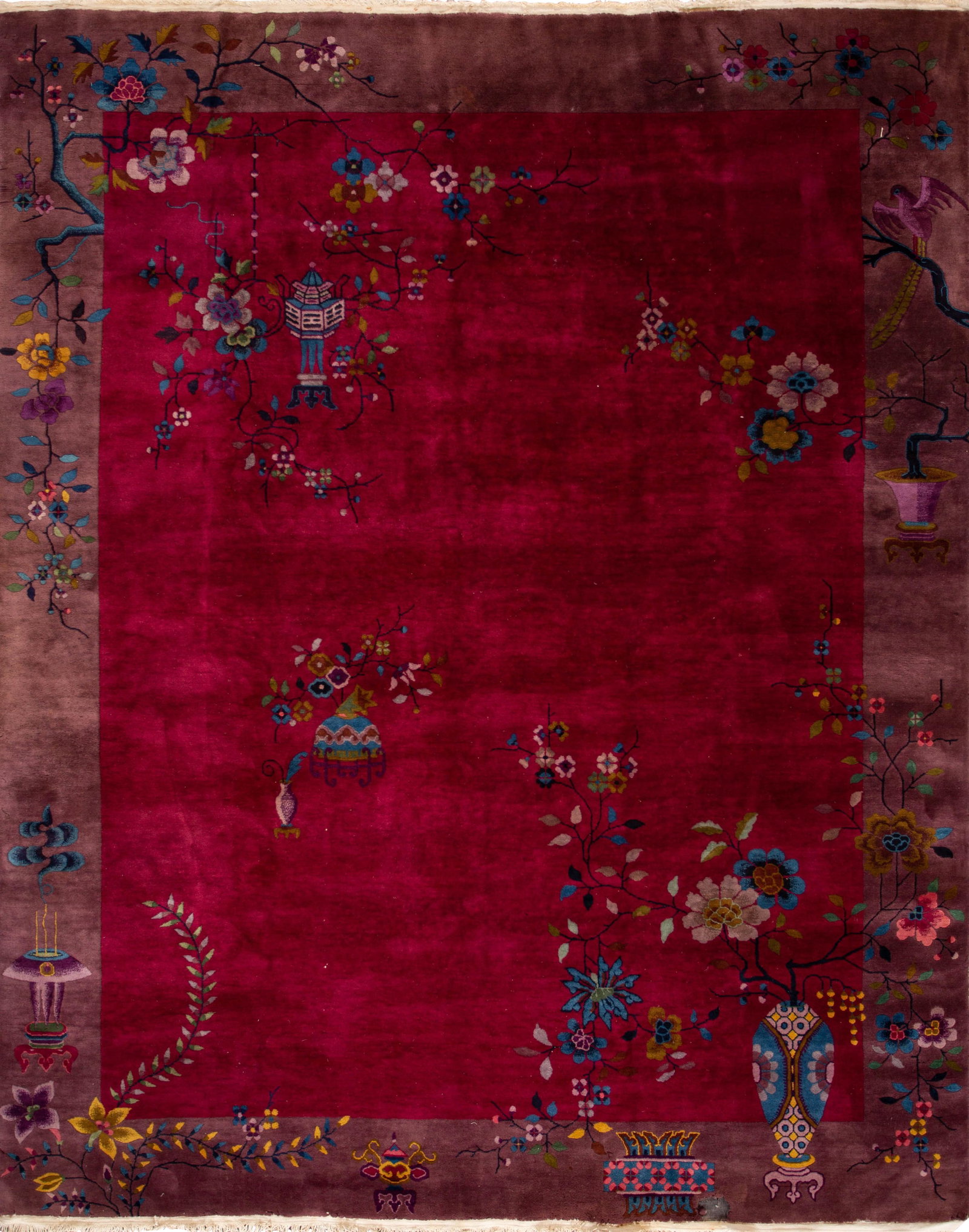 Antique Art Deco Chinese Wool Rug 8'10 x 11'4 Burgundy Floral Design: Antique Art Deco Chinese Wool Rug 8'10 x 11'4 Burgundy Floral Design Experience the elegance of this beautiful antique Art Deco rug, meticulously hand-knotted from luxurious wool. Featuring a rich bur