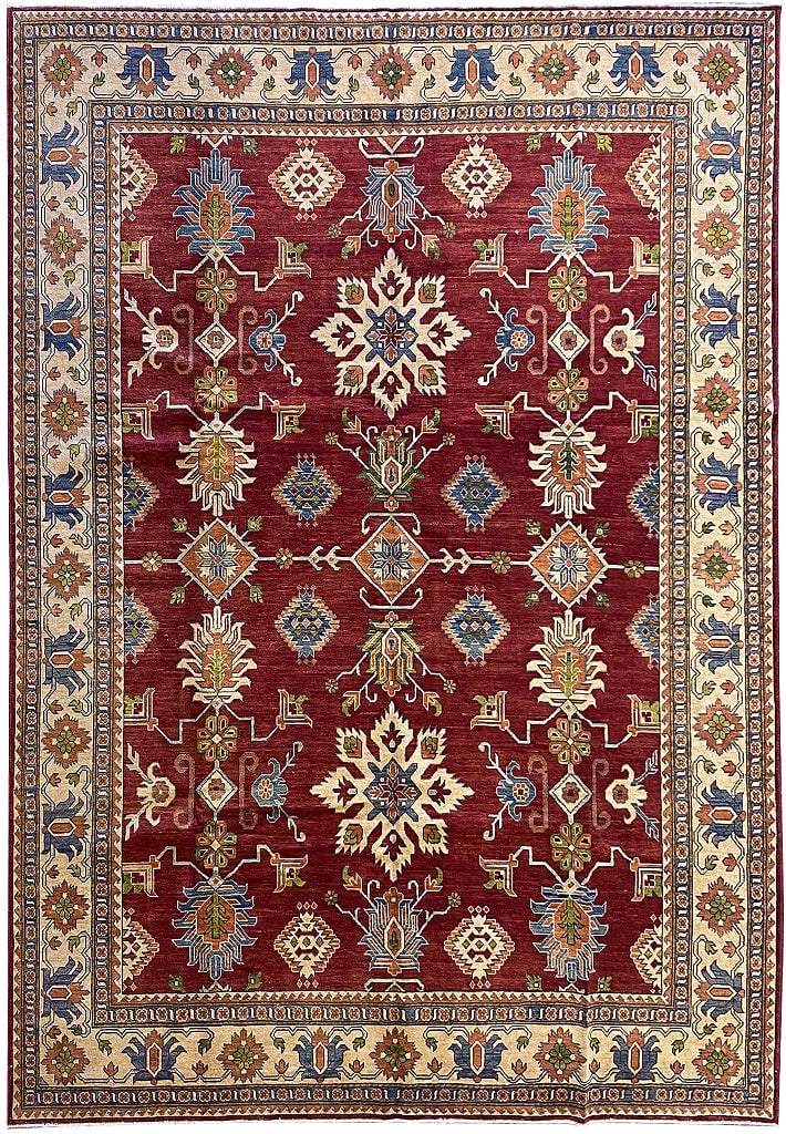 9' x 12.5' Handmade Kazak Rug in Fine Silky Wool: 9' x 12.5' Handmade Kazak Rug in Fine Silky Wool Free continental US Shipping Enhance your home's ambiance with this stunning 9' x 12.5' Handmade Fine Silky Wool Kazak Rug. Crafted from premium silky 