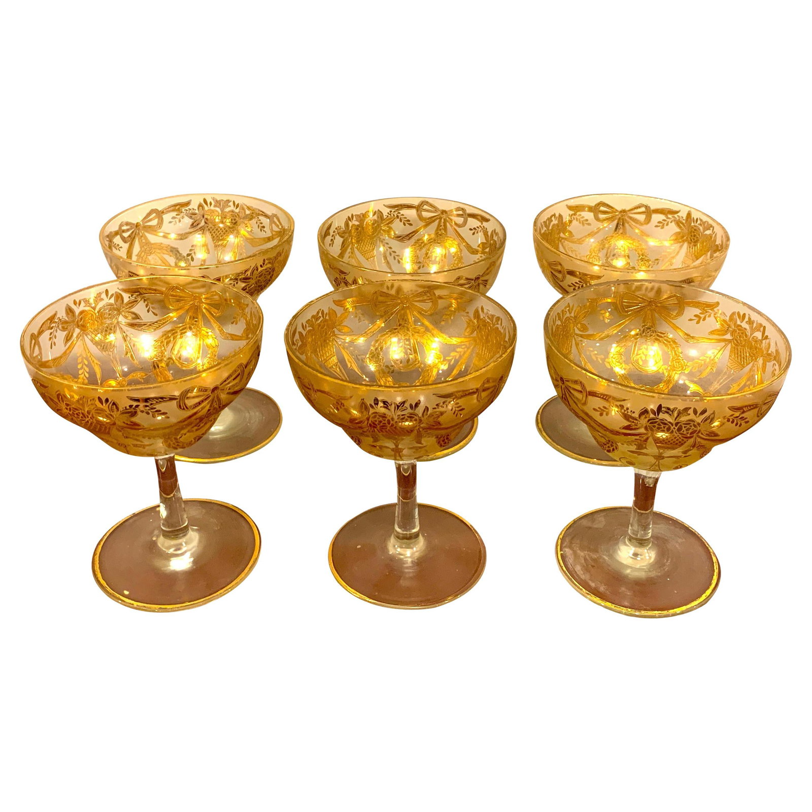 Set of 6 Neoclassical Gilt Enameled Frosted Grand Coupes: Set of 6 Neoclassical Gilt Enameled Frosted Grand Coupes This exquisite set of six gilt enameled frosted grand coupes is perfect for serving desserts or seafood. Each coupe features elegant raised neo