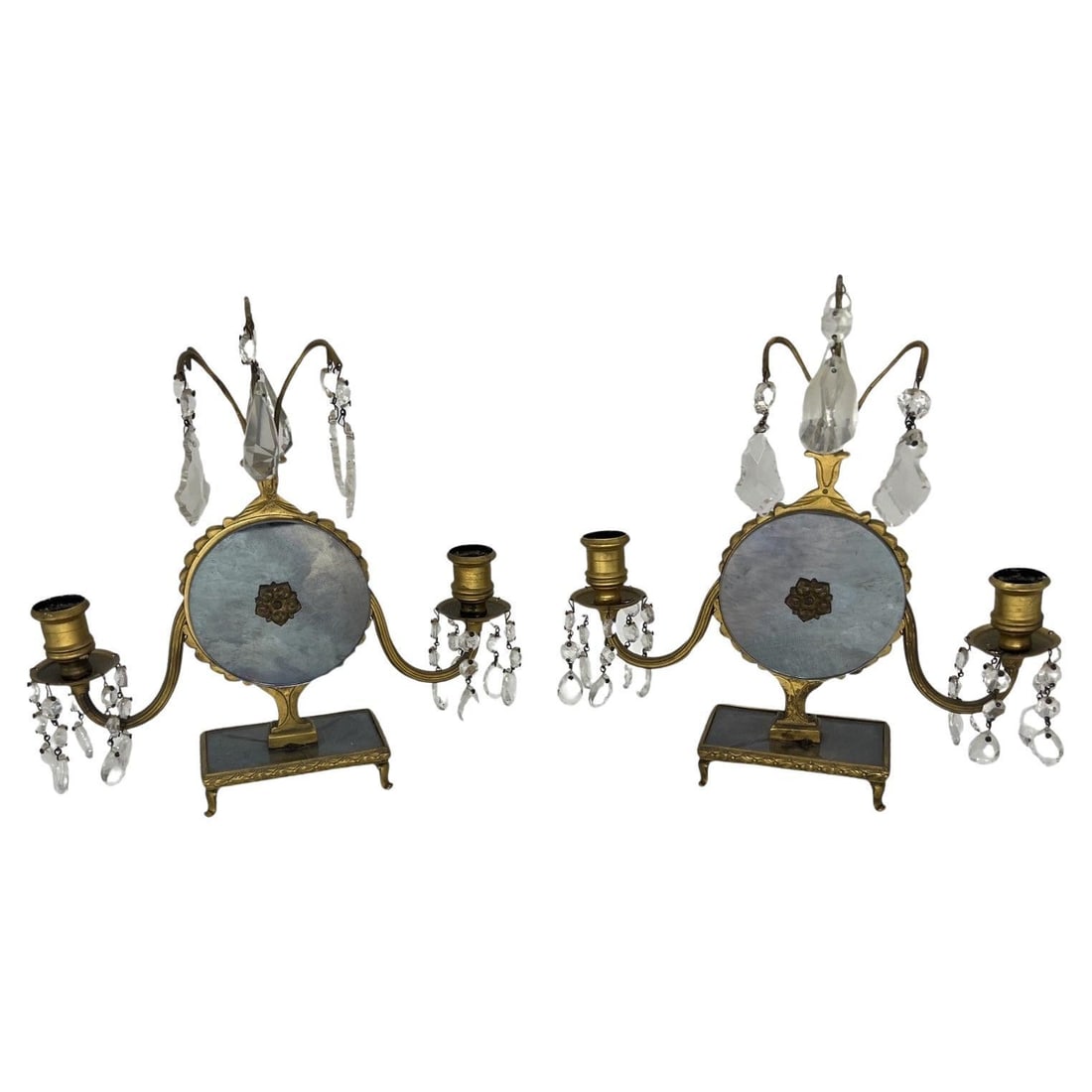 Set of 2 French Art Deco Crystal & Mirrored Girandole Candlesticks: Set of 2 French Art Deco Crystal & Mirrored Girandole Candlesticks This exquisite pair of French Maison Jansen style girandole candlesticks showcases a stunning blend of Art Deco design and craftsmans