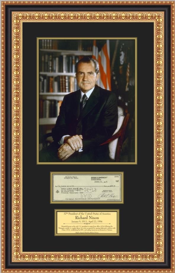 Custom Framed Richard Nixon Facsimile Signed Check Historical Display: Custom Framed Richard Nixon Facsimile Signed Check Historical Display This custom-framed display features a facsimile reproduction of a check signed by President Richard Nixon, accompanied by a classi