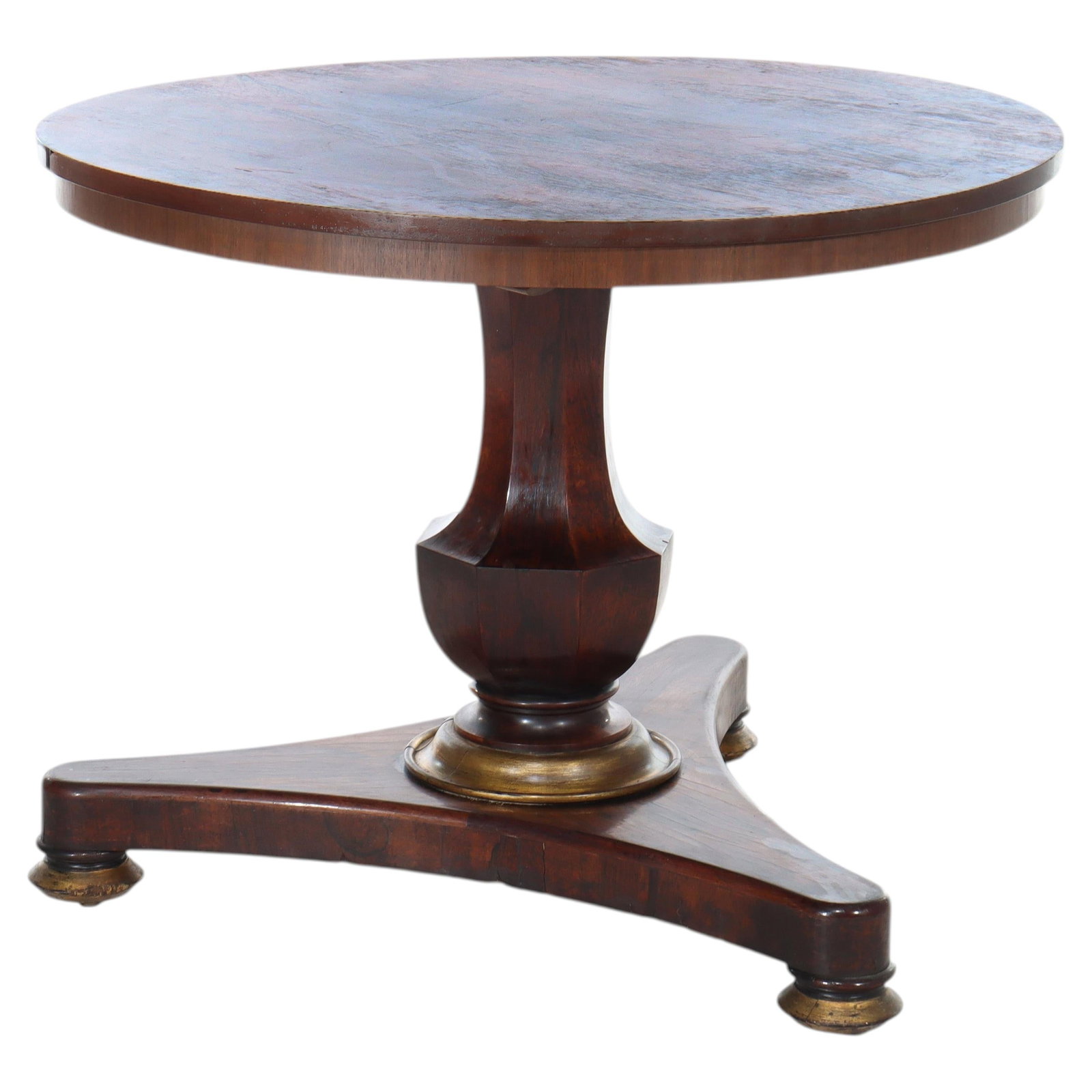 English Regency Rosewood Tilt Top Table With Gilt Accents Circa 1840: English Regency Rosewood Tilt Top Table With Gilt Accents Circa 1840 This large English Regency tilt-top table, dating to circa 1840, is expertly crafted from rosewood. The circular top highlights the